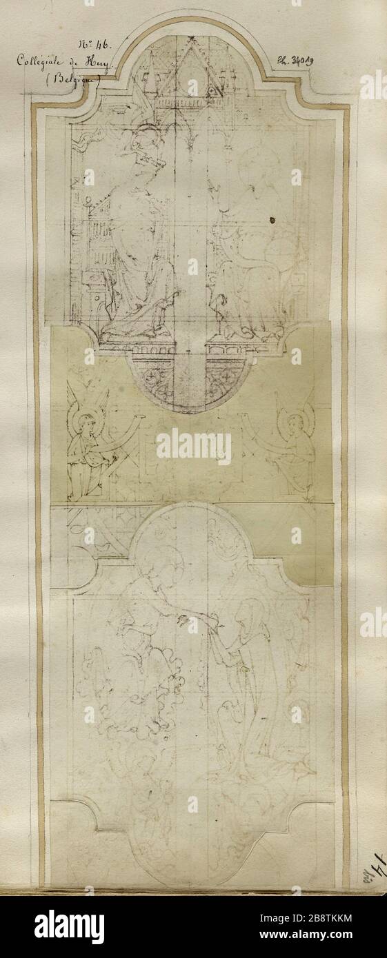ALBUM n° 1. PROJET POUR COLLÉGIALE COLORÉE HAY (BELGIQUE): 2 SUJETS CHRIST ET LA VIERGE DANS LA GLOIRE ATELIER GSELL-LAURENT. Album n° 1. Projet de virail pour la collégiale de Huy (Belgique) : 2 jets dont le Christ et la Vierge en gloire. Paris, musée Carnavalet. Banque D'Images