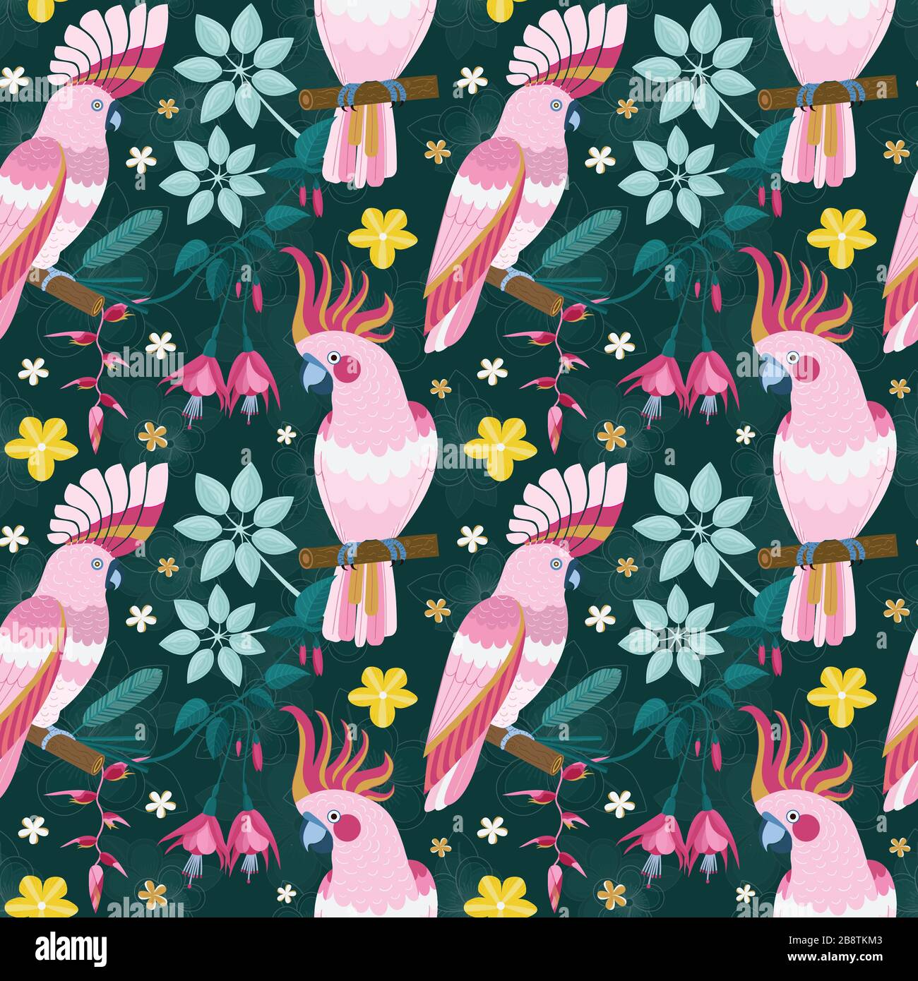 Perroquets roses plats et motif fleurs exotiques Illustration de Vecteur