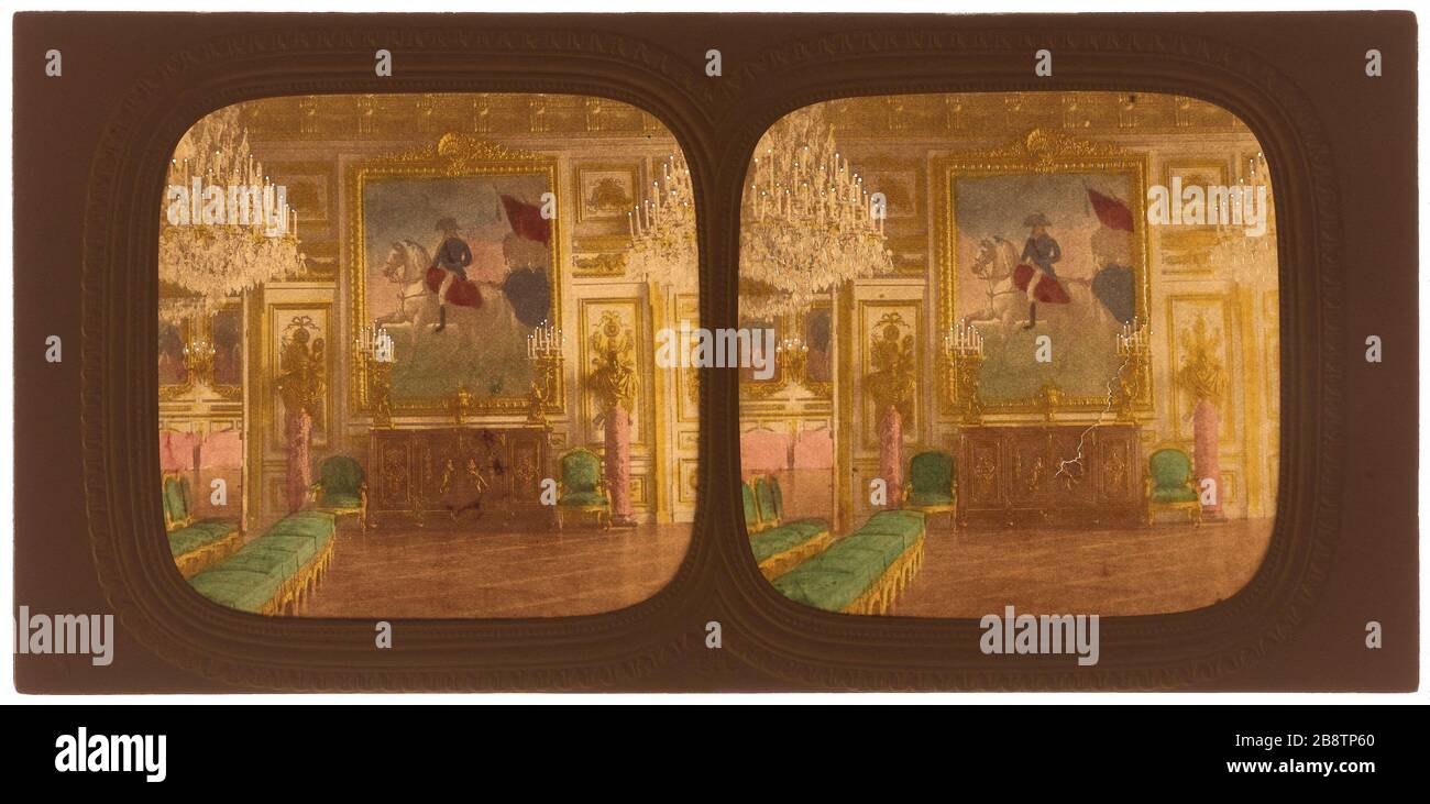57 - salon blanc / Tuileries. Salon blanc ou salon du Premier Consul, Tuileries, 1ère arrondissement, Paris. Palais des Tuileries. Salon blanc ou salon du Premier Consul. Paris (Ier arr.). Photo d'Alexandre Pierre Bertrand. Vue stéréoscopique transparent froide sur papier blanc. Paris, musée Carnavalet. Banque D'Images