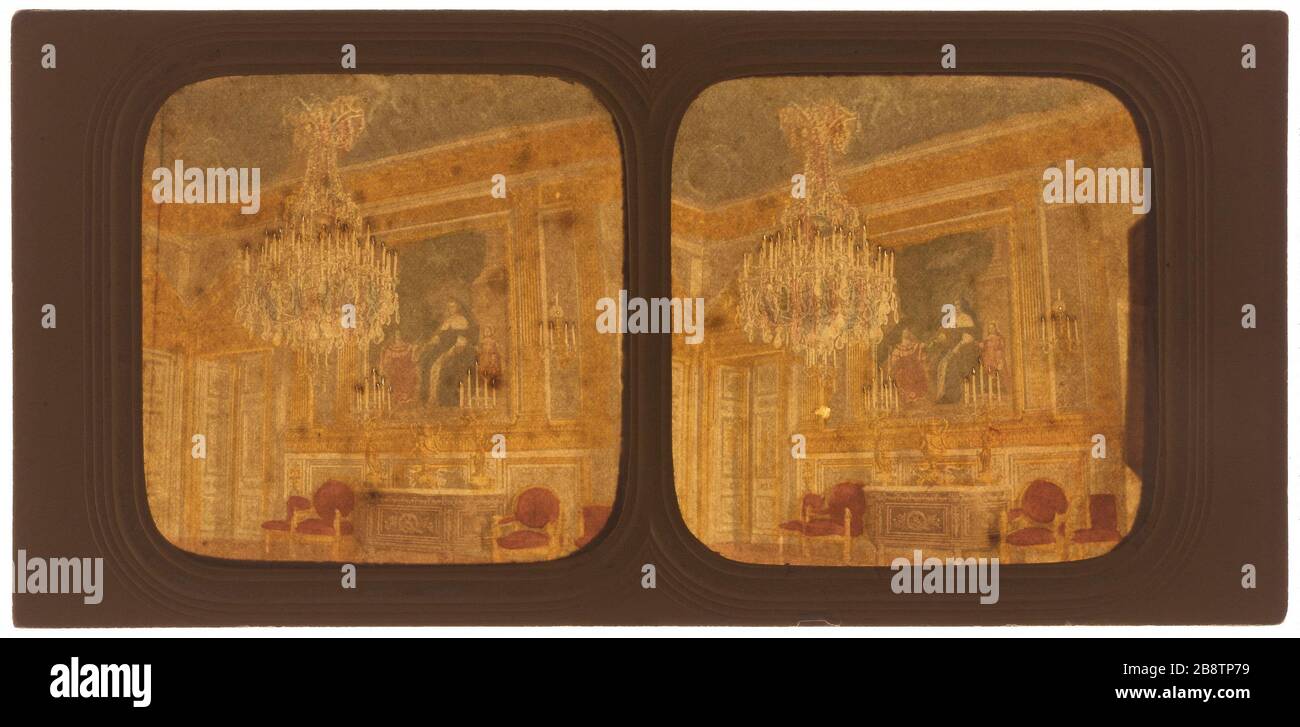 Grand roi ferme qui a servi de salle à manger pendant le deuxième Empire, Tuileries, premier arrondissement, Paris. Palais des Tuileries. Grand cabinet du roi ayant servi de salle à manger durant le deuxième empire. Paris (Ier arr.). Photo d'Henri Guérard. Vue stéréoscopique transparent froide sur papier blanc. Paris, musée Carnavalet. Banque D'Images