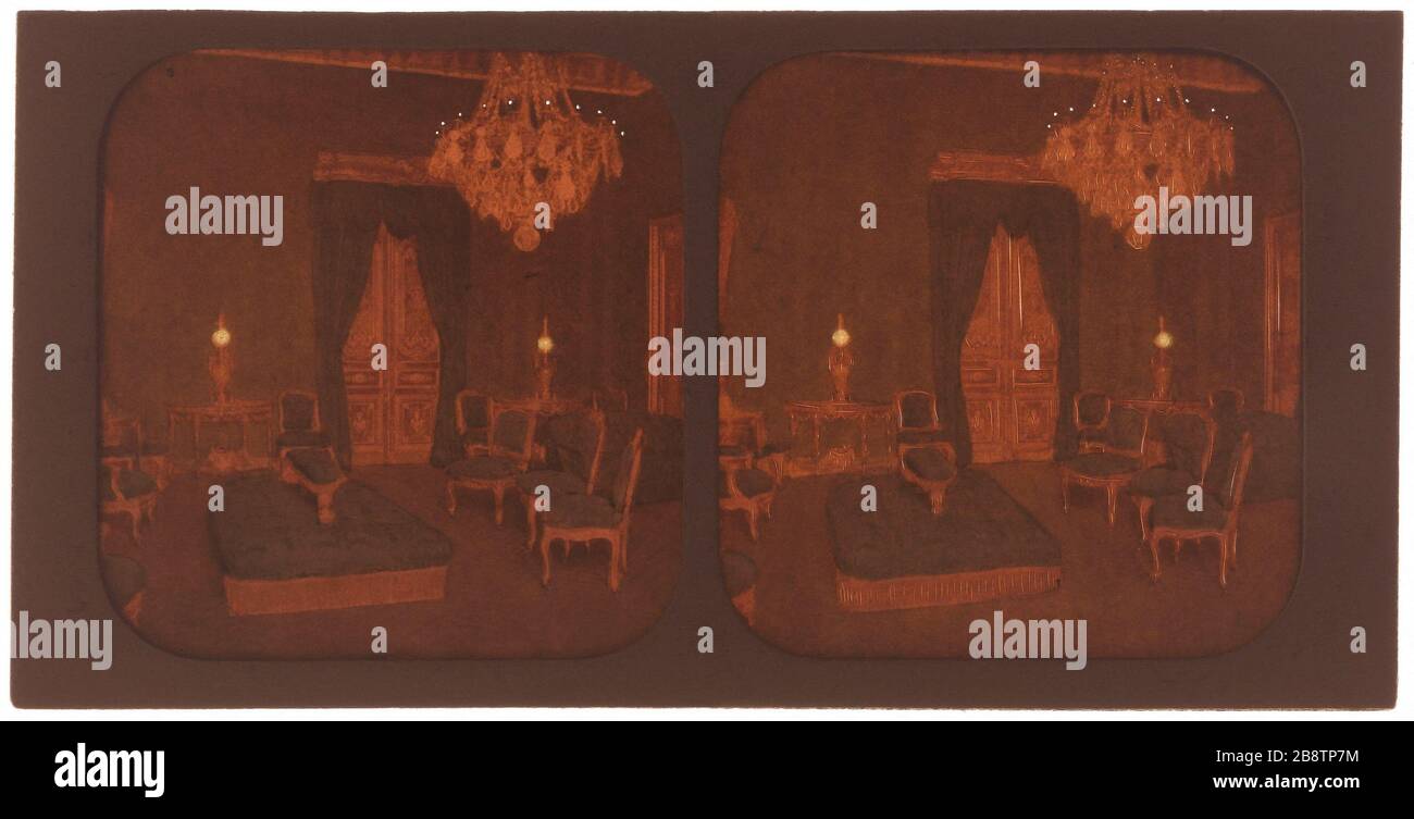 70 - petit salon rouge, pavillon / Marsan dans les Tuileries. Petit pavillon rouge vivant Marsan, Tuileries, 1ère arrondissement, Paris. Palais des Tuileries. Petit salon rouge, pavillon Marsan. Paris (Ier arr.). Photographie anonyme. Vue stéréoscopique transparent froide sur papier blanc. Paris, musée Carnavalet. Banque D'Images