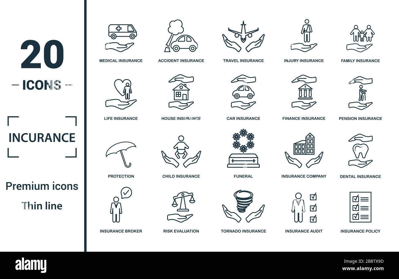 D'Avion icon set. Inclure des éléments créatifs de l'assurance médicale, assurance voyage, assurance-vie, assurance finance, protection d'icônes. Peut être utilisé Banque D'Images