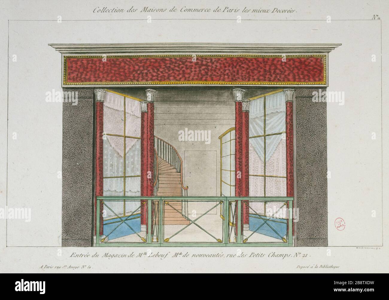 COLLECTION DE MAISONS DE COMMERCE PARIS LES PLUS DÉCORÉES - MAGASIN D'ENTRÉE MISS LEBEUF, MARCHANDE DE NOUVEAU, 21 RUE DES PETITS CHAMPS PIERRE-ANTOINE DE LA MÉSANGÈRE (1761-1831). 'Collection des maisons de commerce de Paris les mieux dés - entrée du magasin de Mademoiselle Lebeuf, marchant de nouveaux, 21 rue des petits-champs'. Estampe. Paris, musée Carnavalet. Banque D'Images