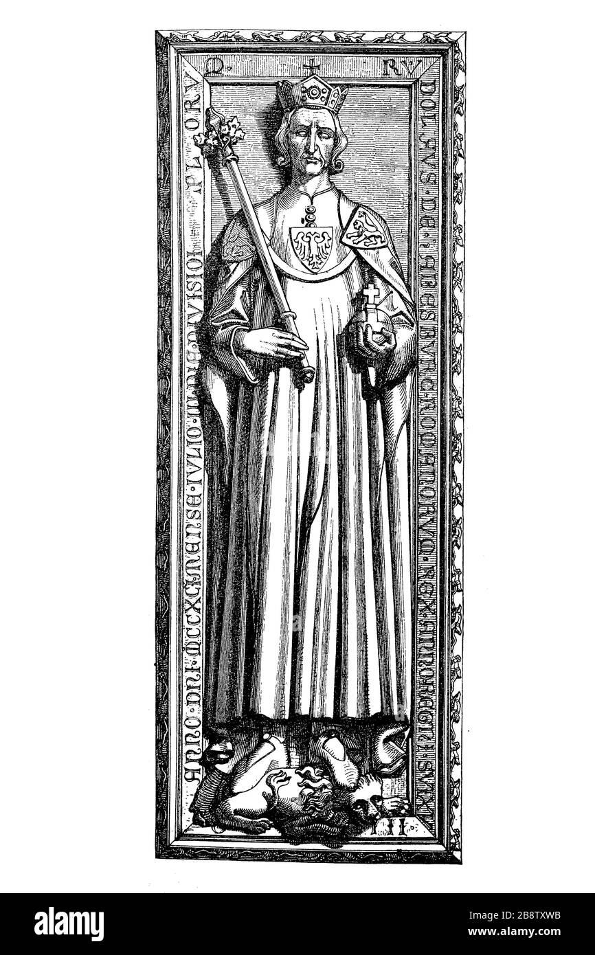 Rudolf I, 1er mai 1218 - 15 juillet 1291, était, comme Rudolf IV, comte de Habsbourg d'environ 1240 et de 1273 à 1291, le premier roi germano-romain de la dynastie des Habsbourg. / Rudolf I., 1. Mai 1218 - 15. Juli 1291, WAR als Rudolf IV.ab etwa 1240 Graf von Habsburg und von 1273 bis 1291 der erste römisch-deutsche König aus dem Geschlecht der Habsburger, Graplatte im Dom von Speyer, Historisch, Digital reproduktion einer Originvoralvoralus dem 19. Jahrhundert, Banque D'Images