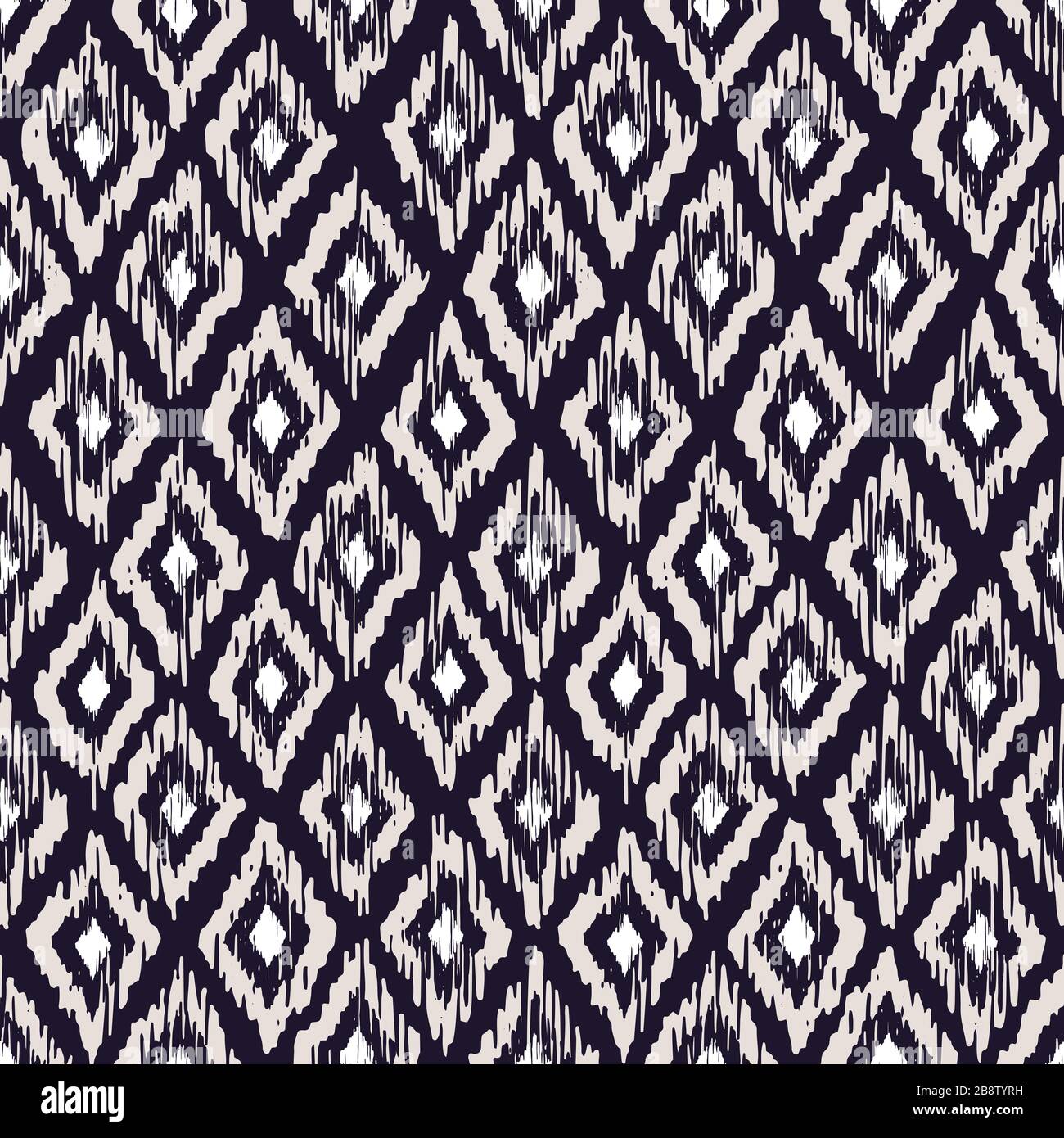 Noir et blanc monochrome traditionnel Ikat noir et blanc dessiné à la main Diamonds Vector Seamless Pattern Illustration de Vecteur