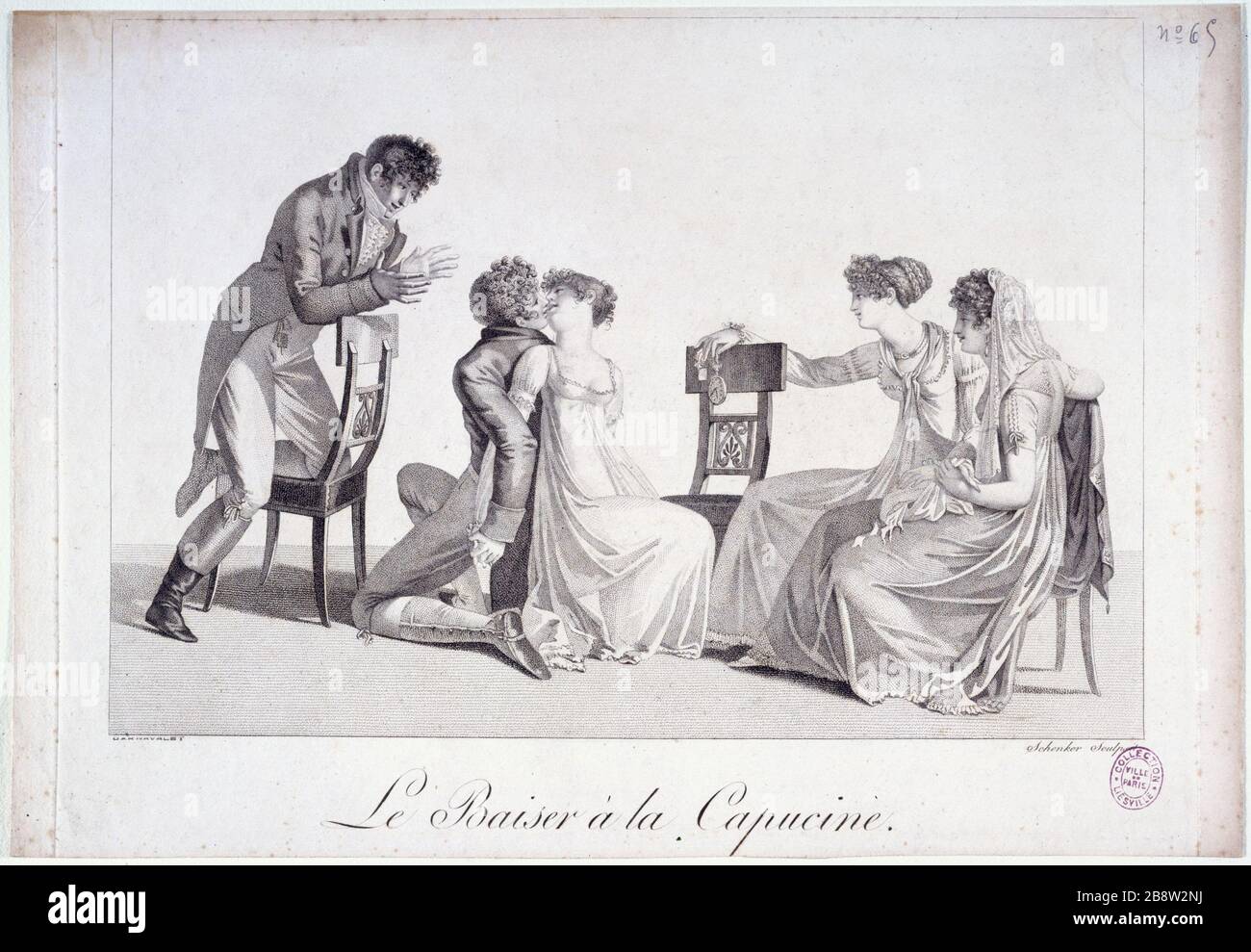 LE BON GENRE, NUMÉRO 65 - LE BAISER LE CAPUCINE SCHENKER. 'Le bon Genre, numéro 65, 1814 - le baiser à la capucine'. Gravité. Paris, musée Carnavalet. Banque D'Images