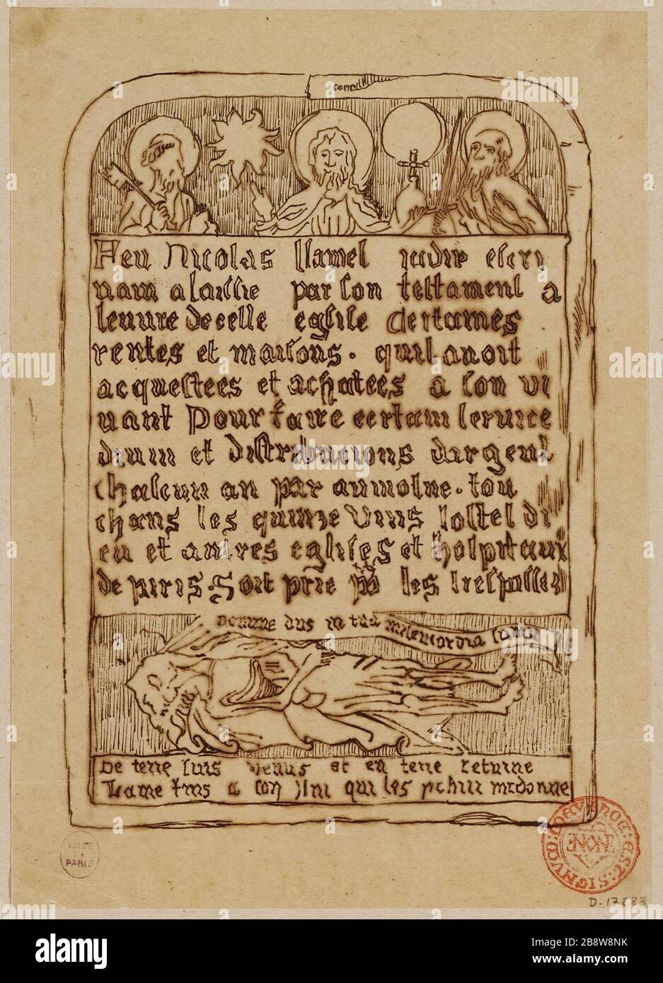 Tombstone de Nicolas Flamel anciennement Saint Jacques la Boucherie aujourd'hui au Musée Cluny Banque D'Images