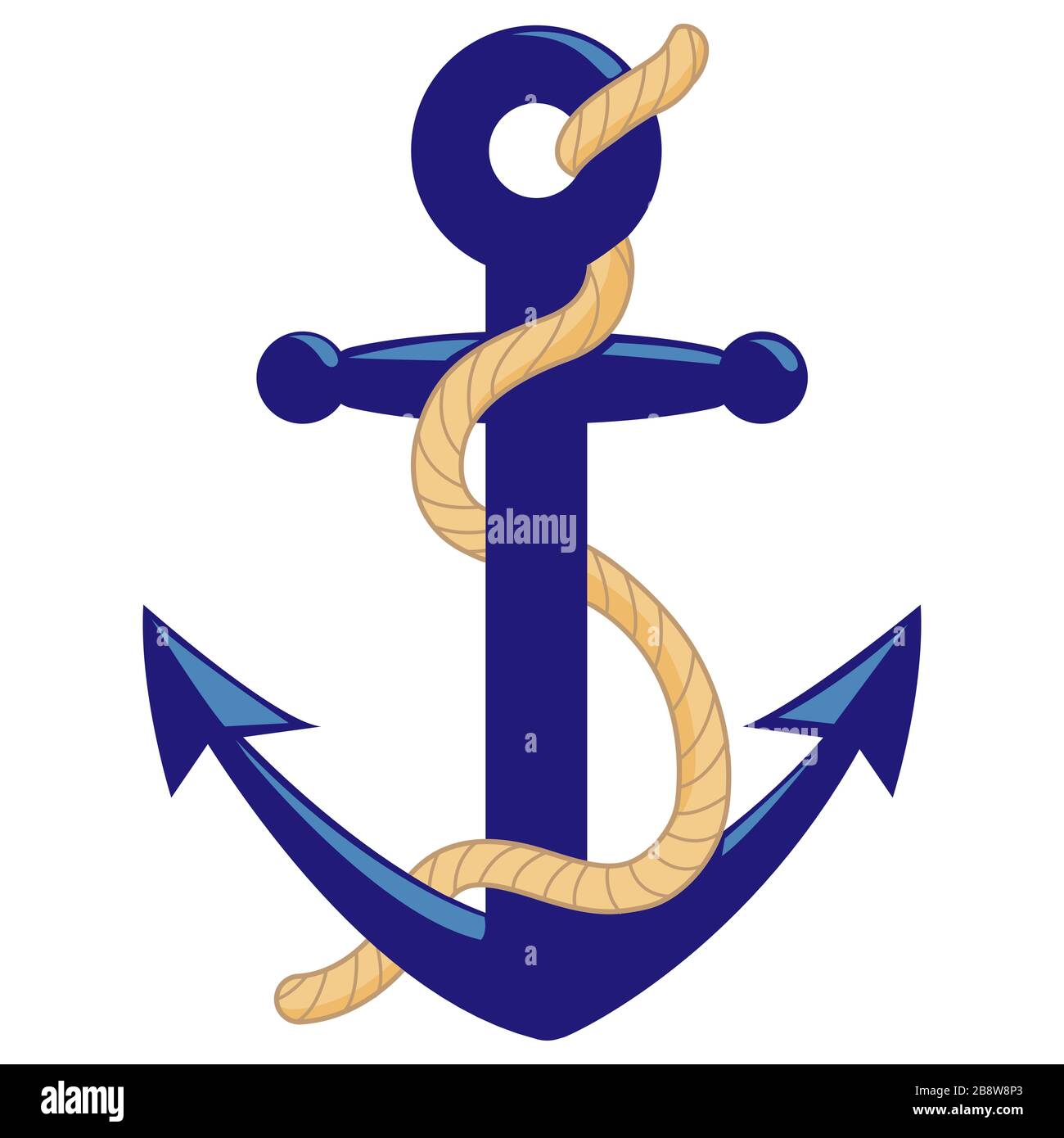 Ancre nautique avec corde sur fond blanc. Symbole d'ancrage. Bateau bleu ou ancre de bateau. Banque D'Images