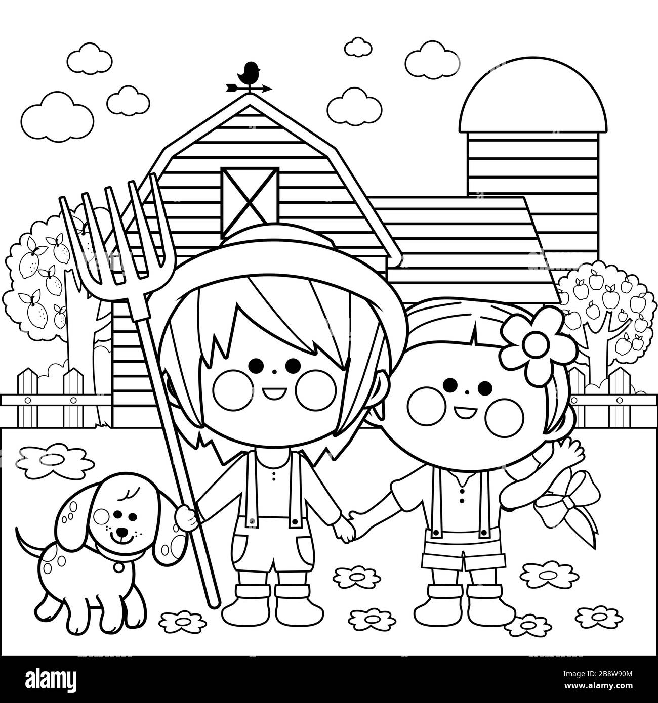 Enfants à la ferme. Page de coloriage noir et blanc. Banque D'Images