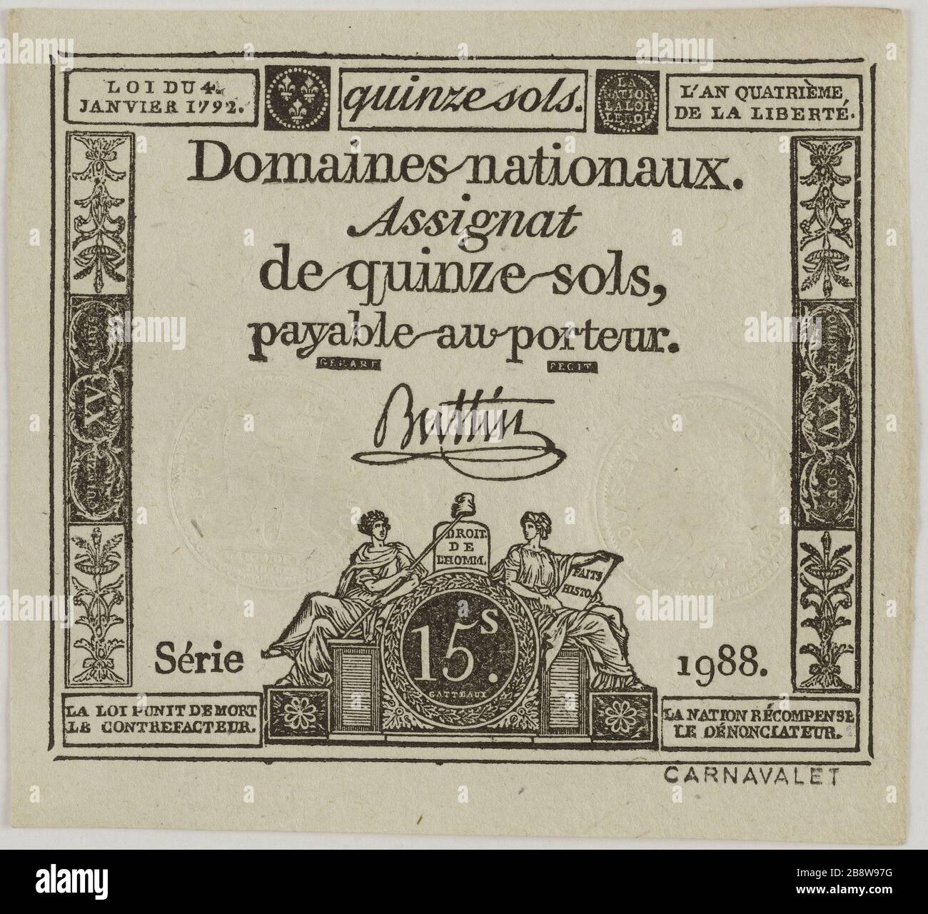 Assigne de 15 sols, série 1988me, 4 janvier 1792 (titre factice). Nicolas-Marie Gatteaux (1751-1832), Buttin, signataire et Jean-Baptiste Gérard. Assilat de 15 sols, série 1988me, 4 janvier 1792. Typographie, encre. Paris, musée Carnavalet. Banque D'Images