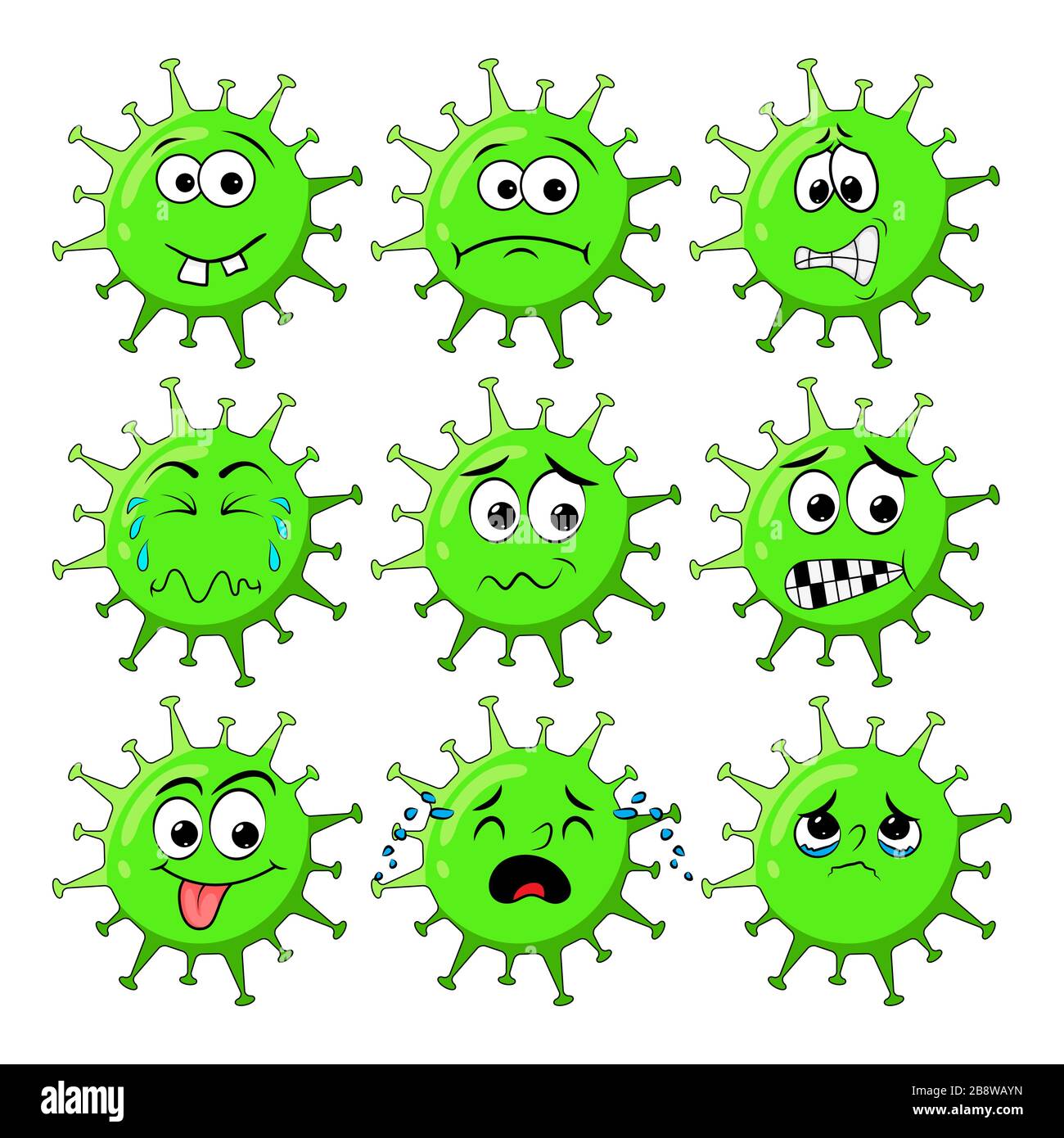 Caractère vert du virus corona avec visage d'expression triste. Illustration vectorielle du coronavirus avec expression faciale grand ensemble isolé sur fond blanc Illustration de Vecteur