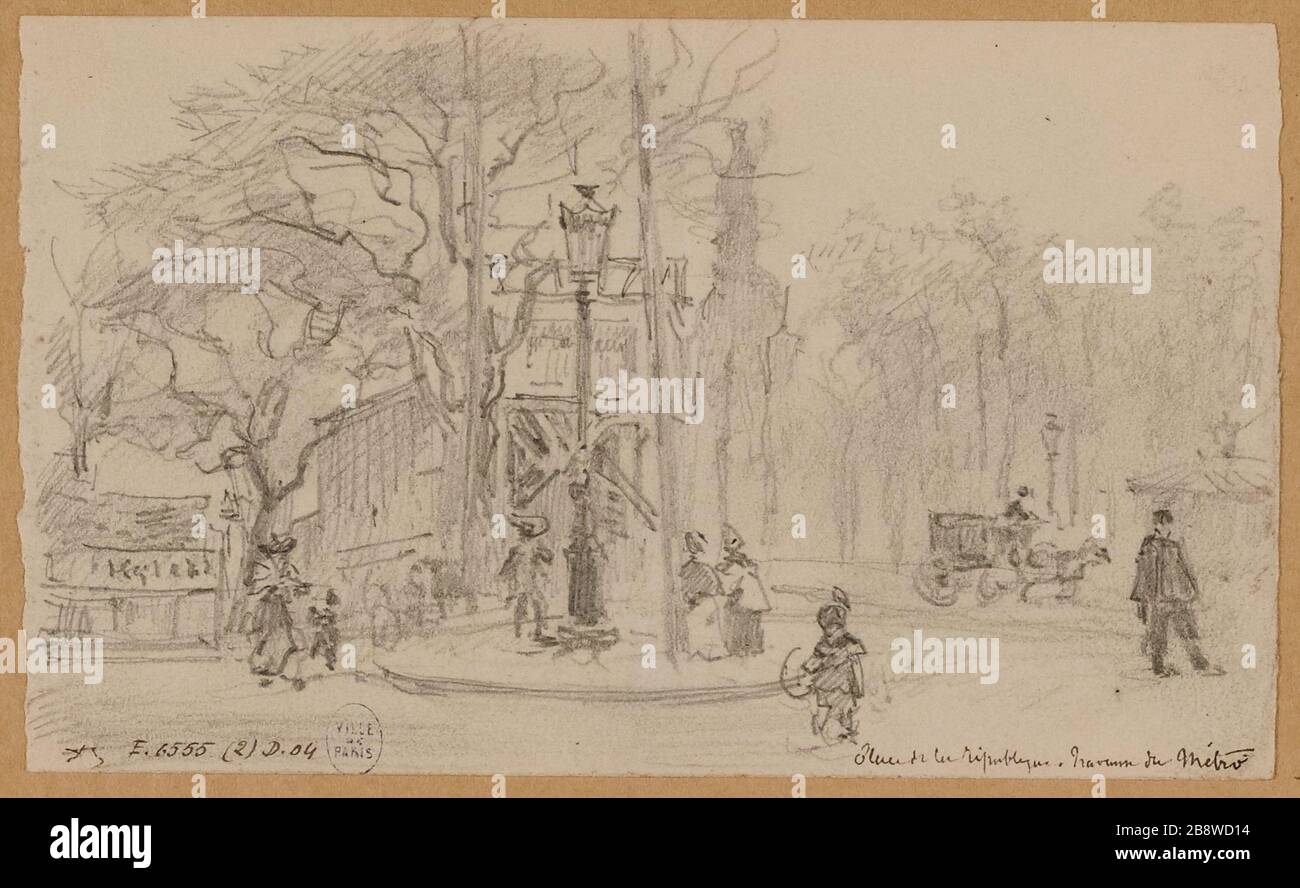 Place de la République, le métro fonctionne vers 1904. Banque D'Images