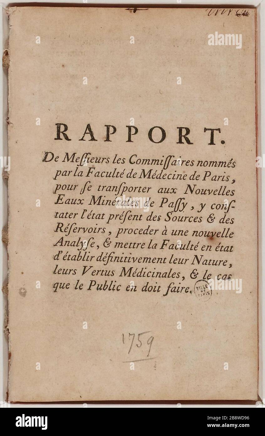 Rapport membres de la Commission nommés à la Faculté de médecine de Paris [...] Eau minérale Passy [...]. Banque D'Images