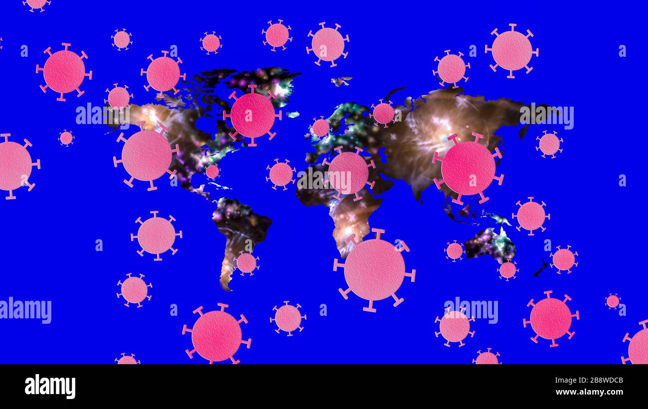 Illustration des cellules de coronavirus sur la carte abstraite avec une aura floue et des particules d'énergie Banque D'Images