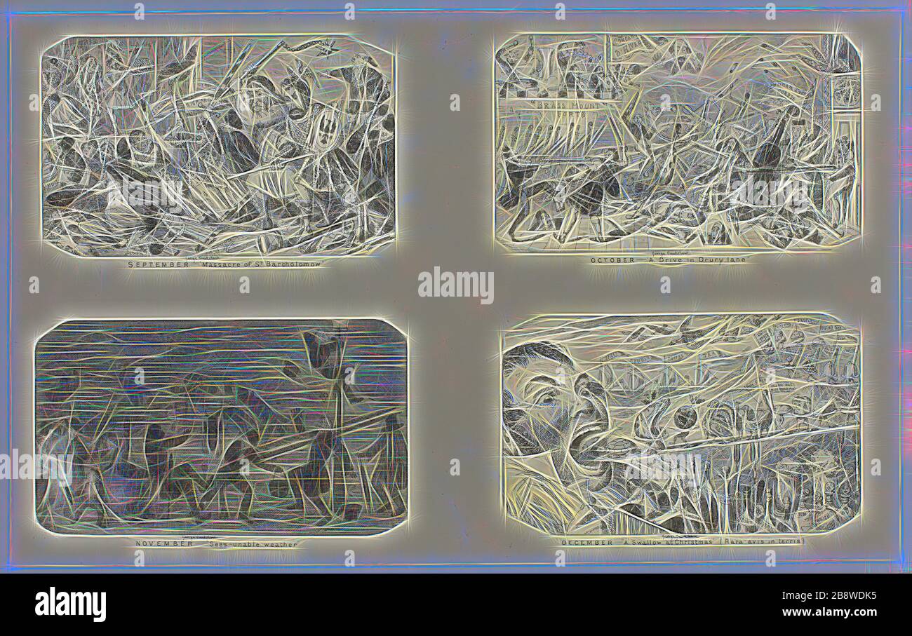 Septembre, Massacre de St. Bartholomew, des gravures en acier de George Cruikshank aux Almanacks Comic : 1835-1853 (en haut à gauche), 1841, imprimé c. 1880, George Cruikshank (anglais, 1792-1878), publié par Pickering & Chatto (anglais, XIXe siècle), Angleterre, quatre gravures en acier noir sur papier crème indien, posées sur carte blanc cassé (chine collé), 206 × 332 mm (support primaire), 346 × 507 mm (support secondaire), réinventé par Gibon, conception d'un brillant chaleureux et joyeux de la luminosité et des rayons de lumière radiance. L'art classique réinventé avec une touche moderne. Photographie inspirée du futurisme, embrassant la dynami Banque D'Images