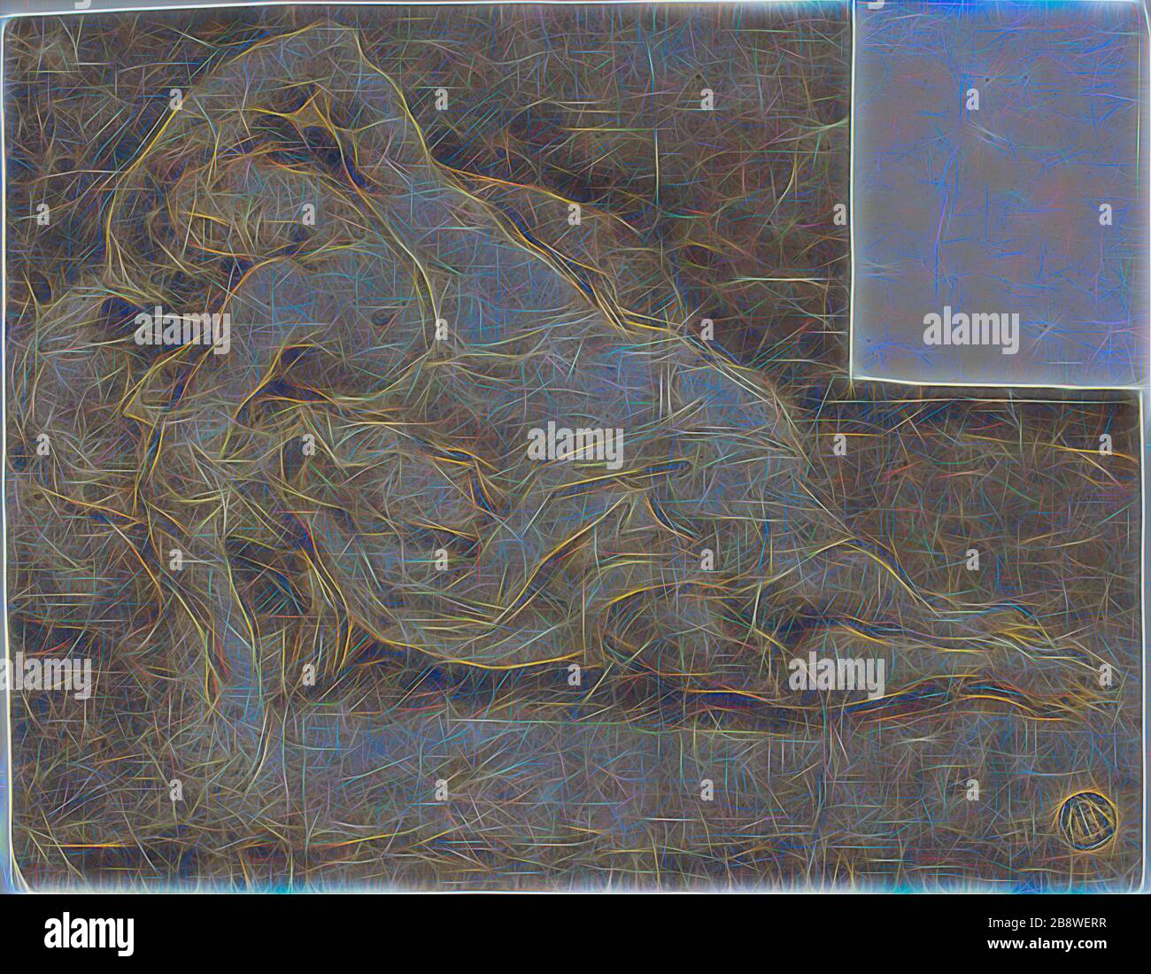 Dormant Figure, n. d., artiste inconnu, italien, Bologne, XVIIe siècle, Italie, encre plume et marron, avec brosse et lavage brun, sur des traces de craie noire, sur papier brun clair, posé sur papier ivoire, 163 x 207 mm, repensé par Gibon, conception d'un brillant chaleureux et joyeux de la luminosité et des rayons de lumière radiance. L'art classique réinventé avec une touche moderne. La photographie inspirée du futurisme, qui embrasse l'énergie dynamique de la technologie moderne, du mouvement, de la vitesse et révolutionne la culture. Banque D'Images