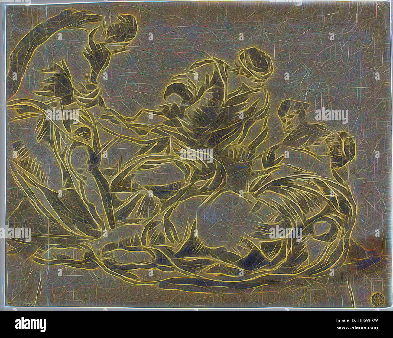 Miracle des pains et des poissons, c. 1602, attribué à Lucas Kilian (allemand, 1579-1637), après Jacopo Robusti, appelé Tintoretto (italien, 1519-1594), Italie, lavage au pinceau et au gris, sur papier gris brun foncé, 257 x 324 mm (max.), repensé par Gibon, design de brillant gai chaud de luminosité et de rayons de lumière. L'art classique réinventé avec une touche moderne. La photographie inspirée du futurisme, qui embrasse l'énergie dynamique de la technologie moderne, du mouvement, de la vitesse et révolutionne la culture. Banque D'Images