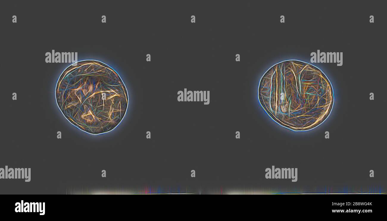 Pièce représentant le Dieu Zeus et Consort (?), environ 137/127 BC, phénicien, ancienne Méditerranée, Bronze, Diam. 1,6 cm, 2,77 g, repensé par Gibon, design de glanissement chaud et gai de la luminosité et des rayons de lumière radiance. L'art classique réinventé avec une touche moderne. La photographie inspirée du futurisme, qui embrasse l'énergie dynamique de la technologie moderne, du mouvement, de la vitesse et révolutionne la culture. Banque D'Images