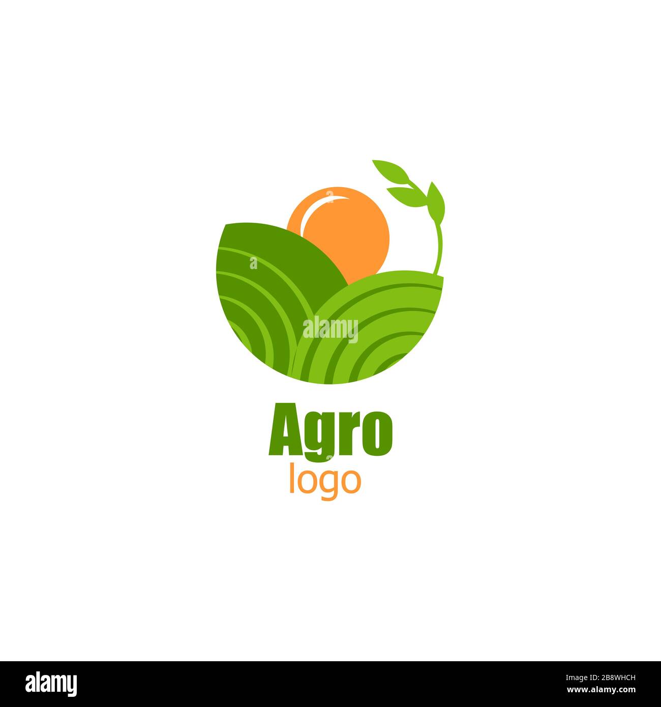 Logo agro pour la nourriture végétalienne ou la société. Champs verts et soleil orange. Vecteur Illustration de Vecteur