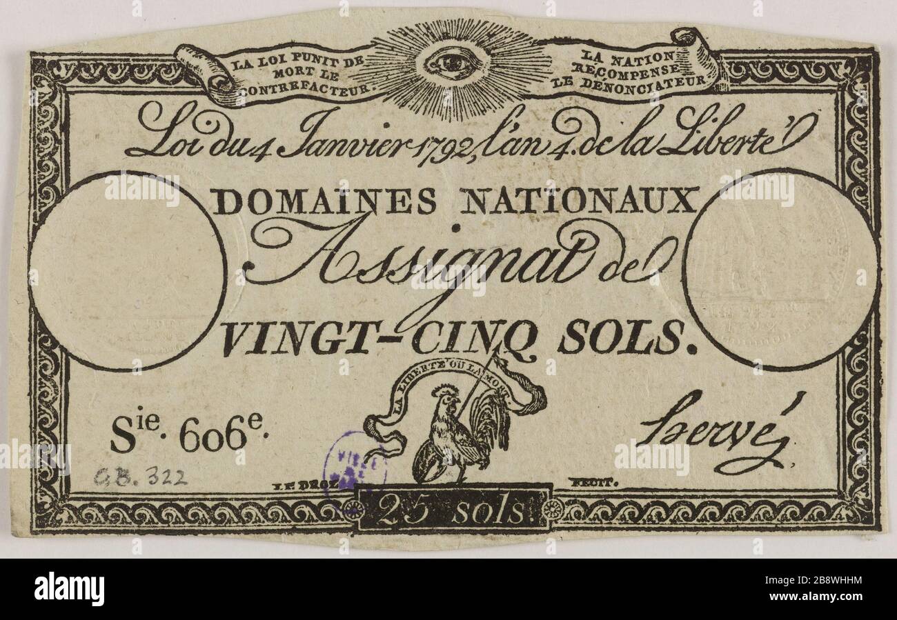 Assilat 25 série de sols 606me, 4 janvier 1792 (titre factice). Jean-Pierre Droz (1746-1823) et Hervé, signataire. Assilat de 25 soles, série 606me, 4 janvier 1792. Typographie, encre. Paris, musée Carnavalet. Banque D'Images