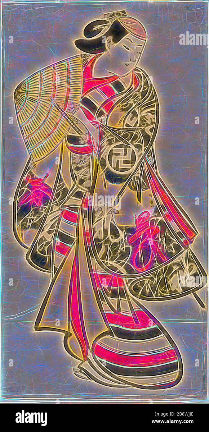 L'acteur Takii Hannosuke en tant que jeune effeminate, c. 1707, attribué à Torii Kiyonobu I, japonais, 1664-1729, Japon, imprimé bois de couleur manuelle, tan-e, vertical o-oban, 56,5 x 29,1 cm (22 x 11 1/2 in.), réinventé par Gibon, design de glorissement chaud et gai radiance. L'art classique réinventé avec une touche moderne. La photographie inspirée du futurisme, qui embrasse l'énergie dynamique de la technologie moderne, du mouvement, de la vitesse et révolutionne la culture. Banque D'Images