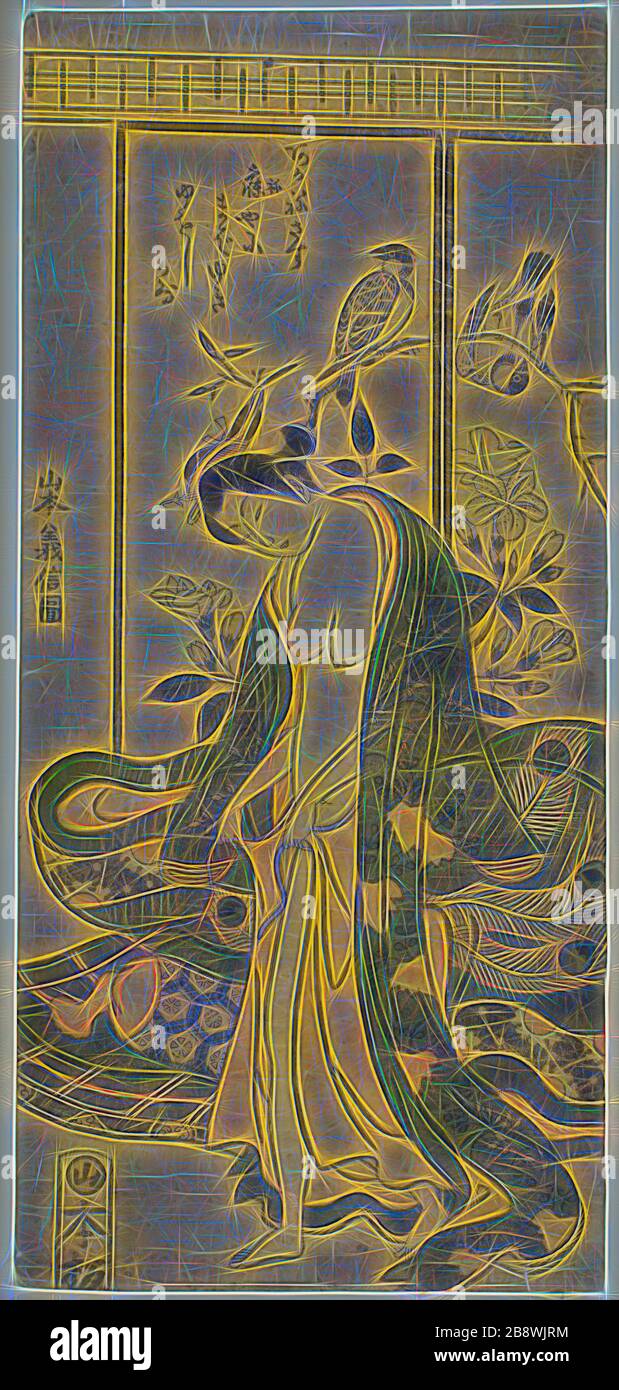 Pansement pour femme jeune, c. 1745/58, Yamamoto Yoshinobu, japonais, actif c. 1745-58, Japon, imprimé color woodblock, hosoban, benizuri-e, 31,1 x 14,2 cm (12 1/4 x 5 9/16 in.), repensé par Gibon, design de glanissement chaleureux et gai de la luminosité et des rayons de lumière radiance. L'art classique réinventé avec une touche moderne. La photographie inspirée du futurisme, qui embrasse l'énergie dynamique de la technologie moderne, du mouvement, de la vitesse et révolutionne la culture. Banque D'Images