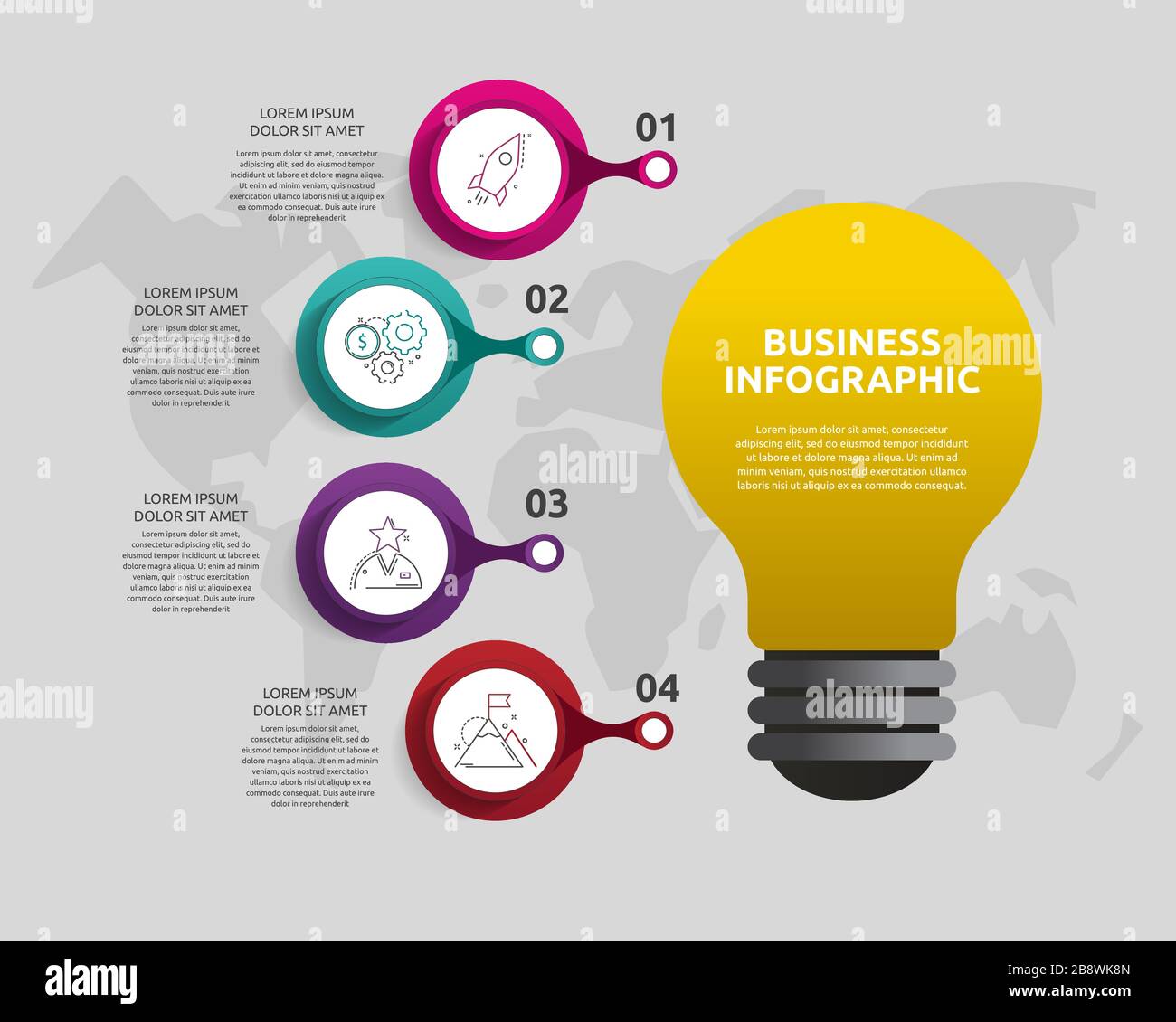 Infographies actuelles des ampoules vectorielles. Modèle commercial avec cercles et quatre étapes. Concept de réussite pour le graphique, la présentation, le diagramme de cyclisme, le graphique Illustration de Vecteur