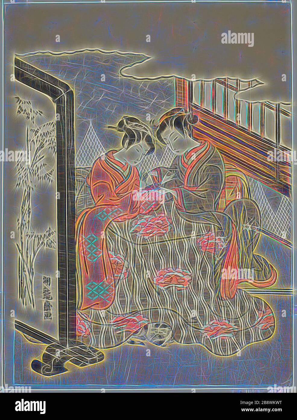 Deux jeunes femmes jouant au Cradle de Cat, c. 1769, Isoda Koryusai, japonais, 1735-1790, Japon, imprimé color woodblock, chuban, 10 1/4 x 7 3/4 in., repensé par Gibon, design de glanissement chaleureux et gai de lumière et de rayonnement. L'art classique réinventé avec une touche moderne. La photographie inspirée du futurisme, qui embrasse l'énergie dynamique de la technologie moderne, du mouvement, de la vitesse et révolutionne la culture. Banque D'Images