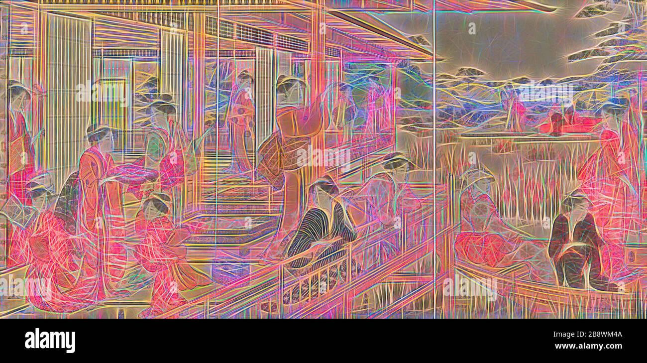 Jardin Iris, c. 1781/89, Katsukawa Shuncho, japonais, actif c. 1780-1801, Japon, impression de blocs de bois couleur, triptyque d'oban, 37,1 x 24,2 cm (feuille droite), 37,2 x 24,8 cm (feuille centrale), 37,3 x 25,2 cm (feuille gauche), repensée par Gibon, conception d'un brillant gai chaud de luminosité et de rayons de lumière. L'art classique réinventé avec une touche moderne. La photographie inspirée du futurisme, qui embrasse l'énergie dynamique de la technologie moderne, du mouvement, de la vitesse et révolutionne la culture. Banque D'Images