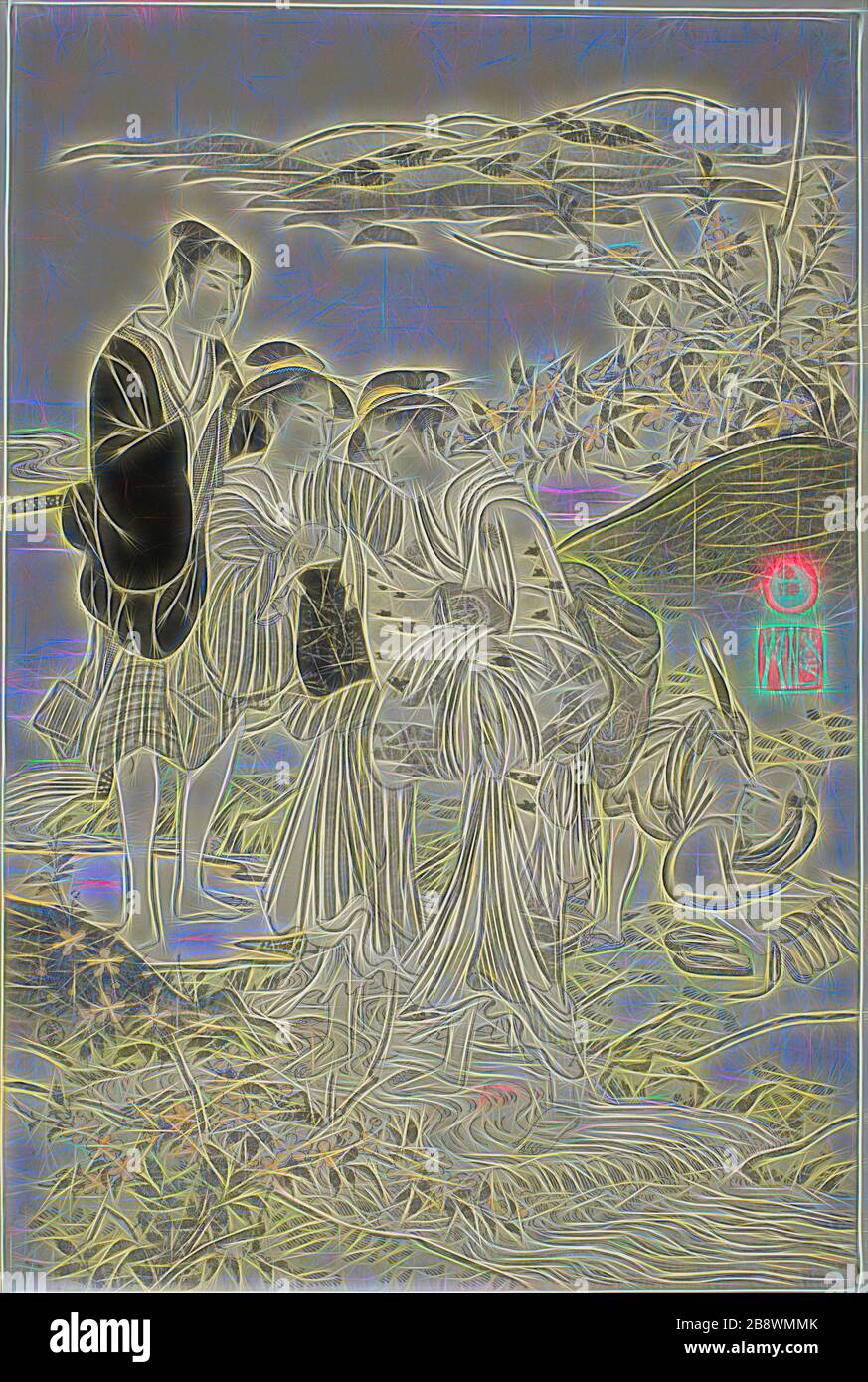 L'IDE Jewel River, ch. 1781/89, Kubo Shunman, japonais, 1757–1820, Japon, imprimé color woodblock, feuille d'oban hexaptych, 38,5 x 25,6 cm (15 1/8 x 10 1/16 in.), repensée par Gibon, design de glanissement chaleureux de la luminosité et des rayons de lumière. L'art classique réinventé avec une touche moderne. La photographie inspirée du futurisme, qui embrasse l'énergie dynamique de la technologie moderne, du mouvement, de la vitesse et révolutionne la culture. Banque D'Images