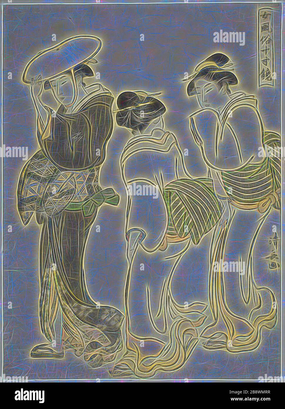 Une femme et deux aides, de la série un miroir des manières féminines (Onna fuzoku masu kagami), c. 1790, Torii Kiyonaga, japonais, 1752-1815, Japon, imprimé color woodblock, chuban, 24,4 x 18,1 cm, repensé par Gibon, design de glorage chaleureux de luminosité et de rayonnement de lumière. L'art classique réinventé avec une touche moderne. La photographie inspirée du futurisme, qui embrasse l'énergie dynamique de la technologie moderne, du mouvement, de la vitesse et révolutionne la culture. Banque D'Images