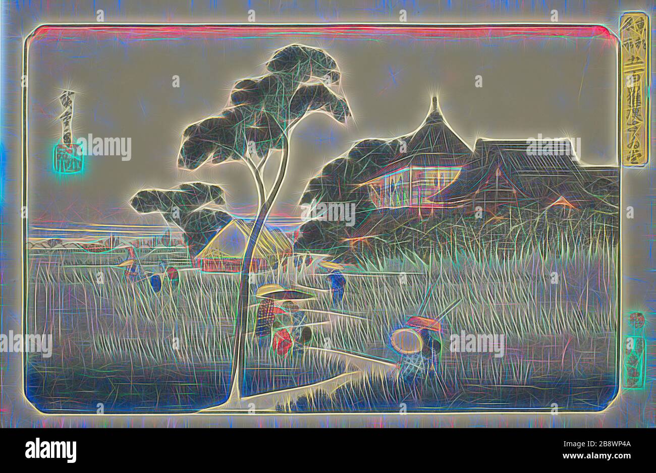 Salle Sazai au Temple des cinq cents Arhats (Gohyaku rakan Sazaïdo), de la série lieux célèbres dans la capitale orientale (Toto meisho), c. 1832/38, Utagawa Hiroshige ?? ??, Japonais, 1797-1858, Japon, imprimé color woodblock, oban, 25,2 x 37,1 cm (9 15/16 x 14 5/8 in.), repensé par Gibon, design de glanissement chaleureux et gai de la luminosité et des rayons de lumière radiance. L'art classique réinventé avec une touche moderne. La photographie inspirée du futurisme, qui embrasse l'énergie dynamique de la technologie moderne, du mouvement, de la vitesse et révolutionne la culture. Banque D'Images