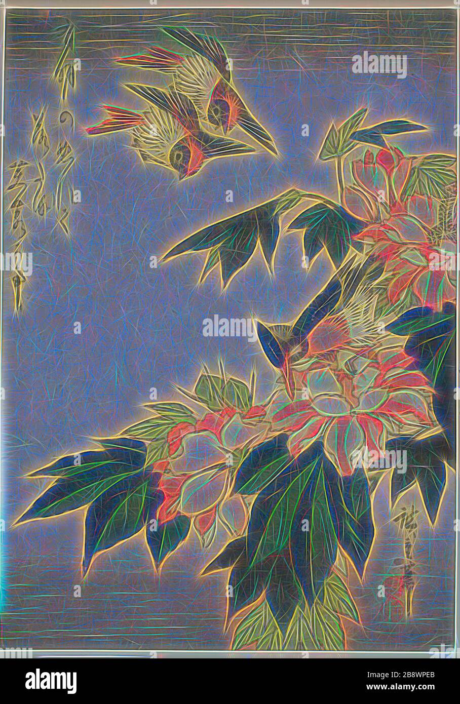 Swalds, kingfisher et hibiscus, c. 1830, Utagawa Hiroshige ?? ??, Japonais, 1797-1858, Japon, imprimé color woodblock, chuban, 24,9 x 17,7 cm, repensé par Gibon, design de glanissement chaleureux et gai de la luminosité et des rayons de lumière radiance. L'art classique réinventé avec une touche moderne. La photographie inspirée du futurisme, qui embrasse l'énergie dynamique de la technologie moderne, du mouvement, de la vitesse et révolutionne la culture. Banque D'Images