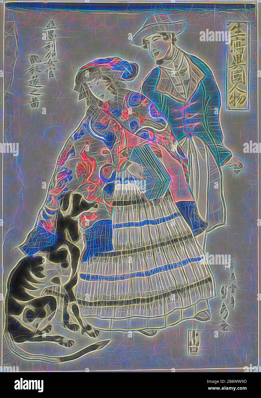 American Woman jouant un Accordion (Amerika nyokan akodeon WO hiku no zu), de la série étrangers tirés de la vie (Ikiutsushi ikoku jinbutsu), 1860, Utagawa Sadahide, japonais, 1807-1873, Japon, couleur woodblock print, oban, reimaginé par Gibon, design de rayons de lumière et de gaieté et de lumière gaie. L'art classique réinventé avec une touche moderne. La photographie inspirée du futurisme, qui embrasse l'énergie dynamique de la technologie moderne, du mouvement, de la vitesse et révolutionne la culture. Banque D'Images