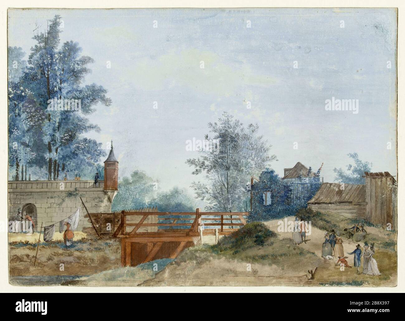 EXTRÉMITÉ SUD DU JARDIN D'ARSENAL, L'ECHAUGETTE LE COIN BASTION ET PONT EN BRIQUE MENANT PAR L'ÉCART À ST ANTOINE BERCY ANTOINE PIERRE MONGIN (ATTRIBUTÉ À, 1761-1827). 'Extreme sude des jardins de l'Arsenal, l'église du bastion d'angle et le pont de brique menant à travers le fossé St-Antoine vers Bercy'. Gouache. Paris, musée Carnavalet. Banque D'Images