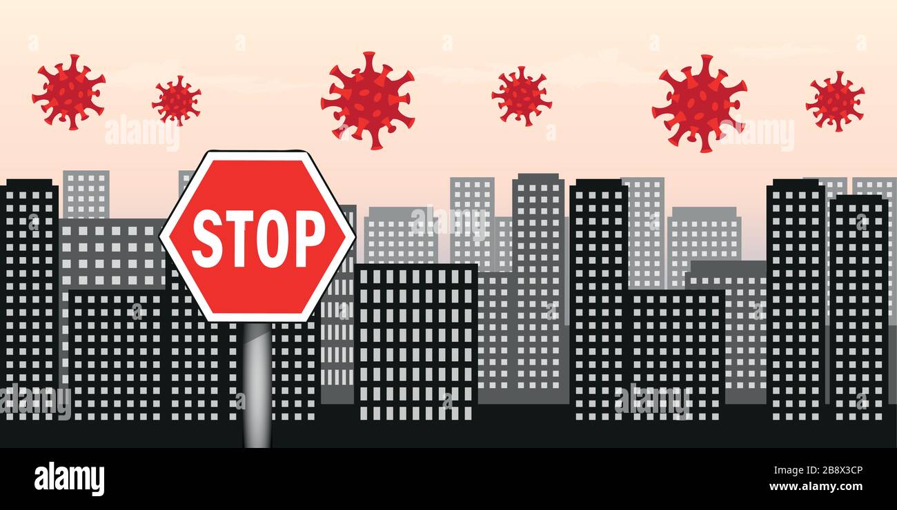 Virus dans la grande ville avec de nombreux gratte-ciel et arrêt signe illustration vectorielle EPS10 Illustration de Vecteur