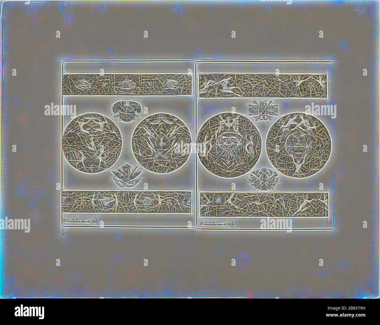 Plaque six, du Livre d'ornement, 1704, Simon Gribelin II, français, 1661-1733, France, Gravure sur papier, 132 × 213 mm (image/plaque), 233 × 296 mm (feuille), réinventée par Gibon, conception d'un brillant chaleureux de luminosité et de rayonnement lumineux. L'art classique réinventé avec une touche moderne. La photographie inspirée du futurisme, qui embrasse l'énergie dynamique de la technologie moderne, du mouvement, de la vitesse et révolutionne la culture. Banque D'Images