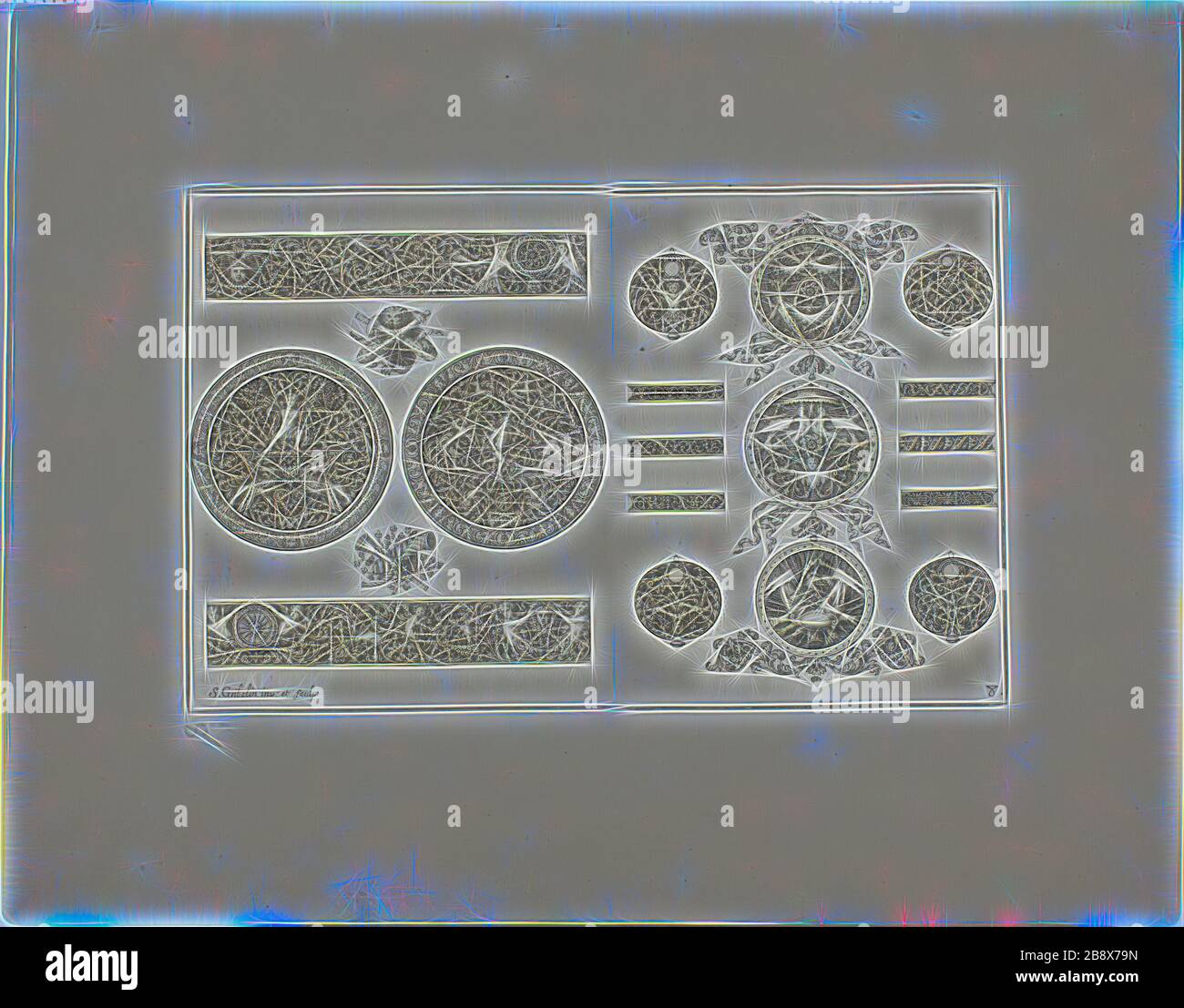Plaque huit, du Livre d'ornement, 1704, Simon Gribelin II, Français, 1661-1733, France, Gravure sur papier, 133 × 206 mm (image/plaque), 232 × 295 mm (feuille), repensée par Gibon, conception de glanissement chaleureux et gai de luminosité et de rayonnement lumineux. L'art classique réinventé avec une touche moderne. La photographie inspirée du futurisme, qui embrasse l'énergie dynamique de la technologie moderne, du mouvement, de la vitesse et révolutionne la culture. Banque D'Images