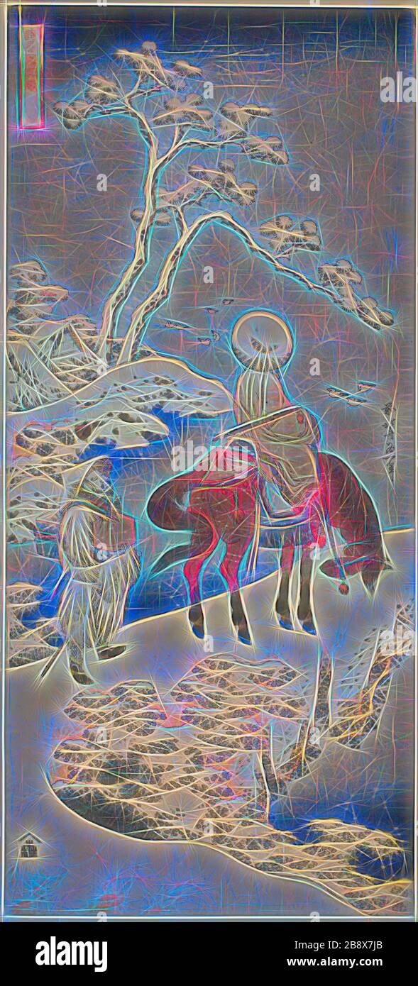 Horseman dans la neige, de la série UN vrai miroir des poèmes japonais et chinois (Shiika shashin kyo), c. 1833/34, Katsushika Hokusai ?? Japonais, 1760-1849, Japon, imprimé color woodblock, nagaban vertical, 50,3 x 22,5 cm, repensé par Gibon, design de brillant gai chaud de la luminosité et des rayons de lumière. L'art classique réinventé avec une touche moderne. La photographie inspirée du futurisme, qui embrasse l'énergie dynamique de la technologie moderne, du mouvement, de la vitesse et révolutionne la culture. Banque D'Images