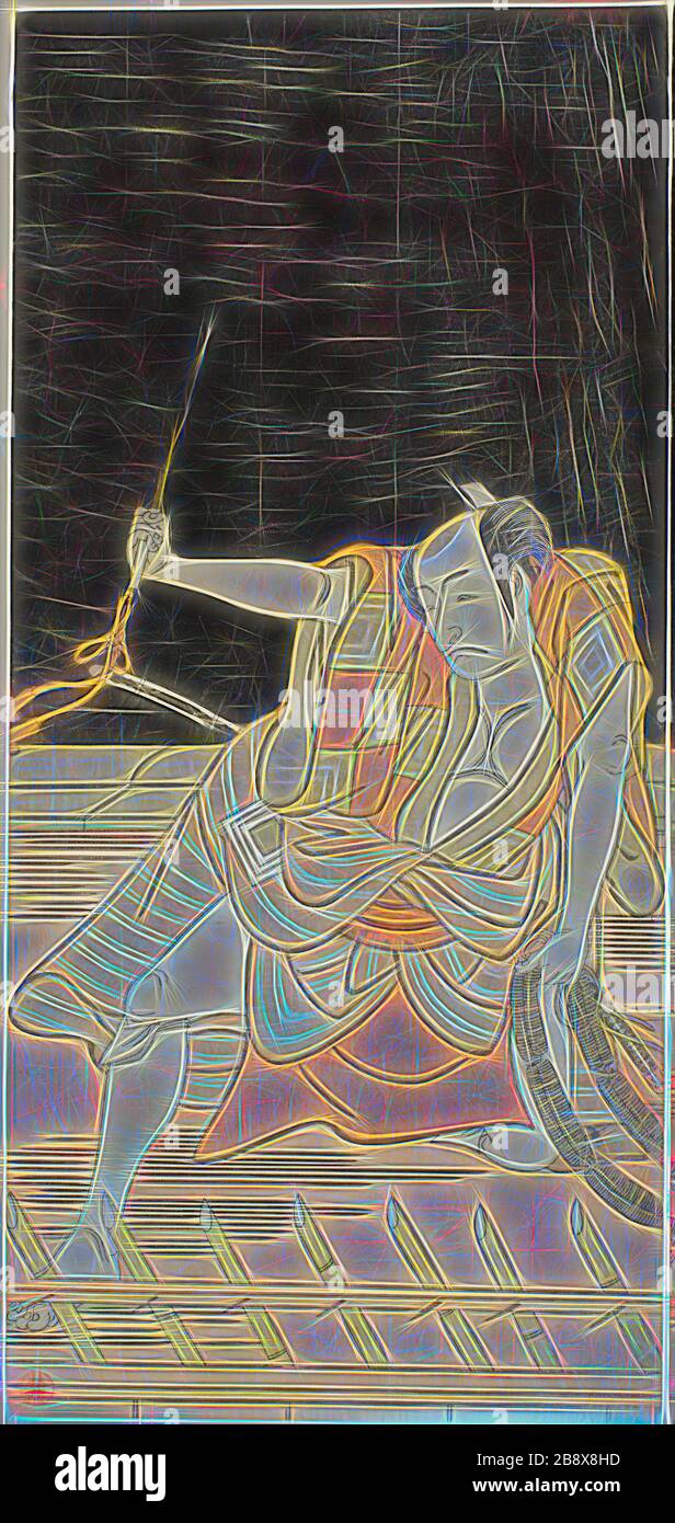 L'acteur Ichikawa Danjuro V en tant qu'Issun Tokubei dans la Loi huit du jeu Natsu Matsuri Naniwa Kagami (miroir d'Osaka au Festival d'été), se produit au Théâtre Morita du dix-septième jour du septième mois, 1779, ch. 1779, Katsukawa Shunko I, japonais, 1743-1812, Japon, impression de blocs de bois couleur, feuille gauche de diptych hosoban (droite : 1942,113), 31,4 x 14,5 cm (12 3/8 x 5 11/16 in.), repensée par Gibon, design de glanissement chaleureux de la luminosité et des rayons de lumière. L'art classique réinventé avec une touche moderne. La photographie inspirée du futurisme, embrassant l'énergie dynamique du t moderne Banque D'Images