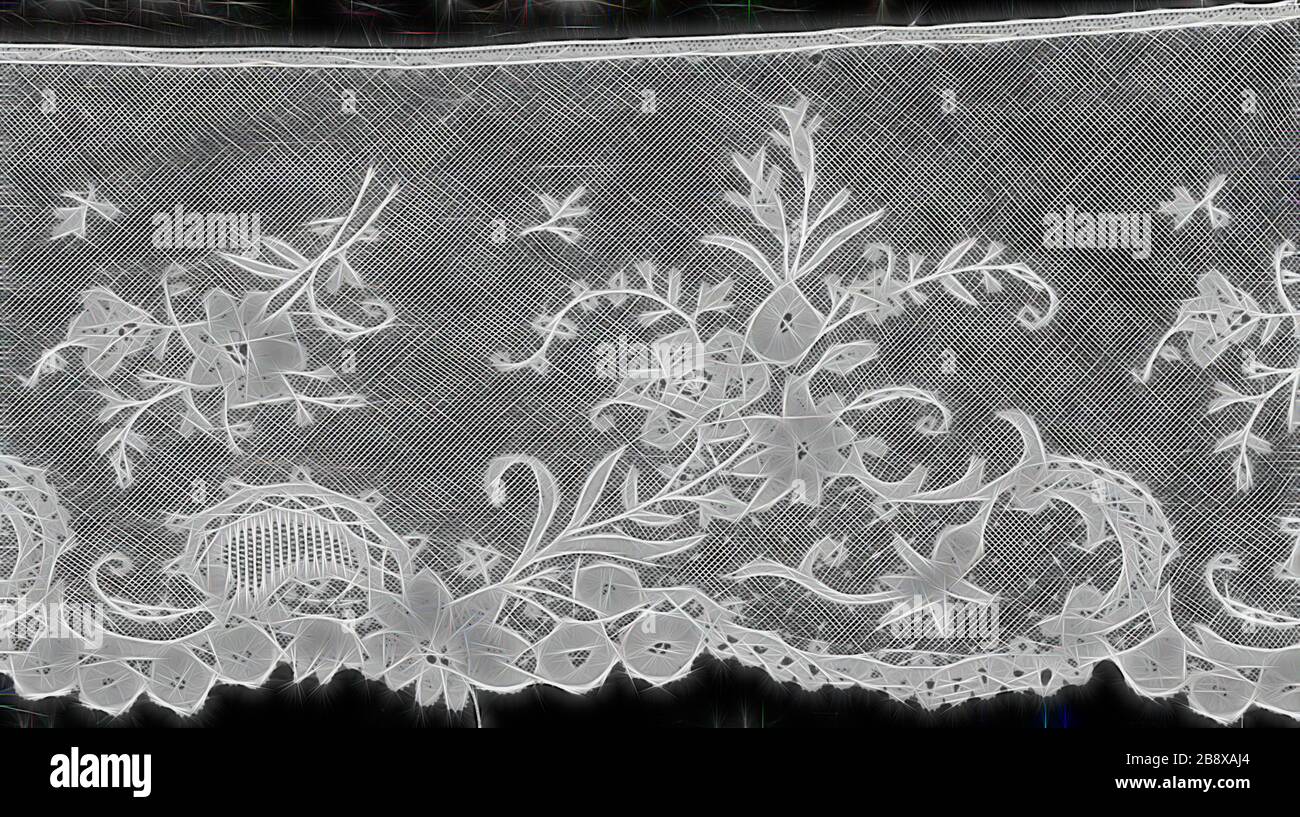 Once, 1875/1900, Belgique, Belgique, coton, dentelle mixte appelée dentelle d'application Bruxelles : La bobine et les lacets d'aiguille appliqués sur le filet fabriqué à la machine, brodés en nœuds et en points de chaîne en zigzag, 24,1 × 91,7 cm (9 1/2 × 36 1/8 in.), repensés par Gibon, design de brillant chaleureux de luminosité et de rayonnement de rayons lumineux. L'art classique réinventé avec une touche moderne. La photographie inspirée du futurisme, qui embrasse l'énergie dynamique de la technologie moderne, du mouvement, de la vitesse et révolutionne la culture. Banque D'Images