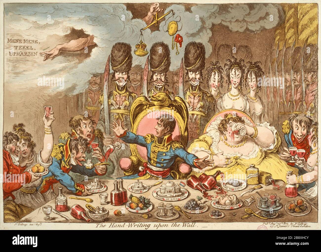 LA MAIN-ÉCRITURE SUR LE MUR «la main-écriture sur le mur». Estampe de James Gillray. Paris, musée Carnavalet. Banque D'Images