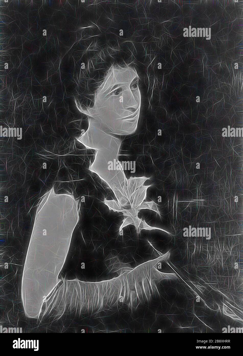 Portrait de Mme Charles L. Hutchinson, 1890, Jules-Élie Delaunay, Français, 1828-1891, France, huile sur toile, 78,9 × 60 cm. (31 1/16 × 23 5/8 in.), repensée par Gibon, conception de la gaie chaleureuse de luminosité et de rayons de lumière radiance. L'art classique réinventé avec une touche moderne. La photographie inspirée du futurisme, qui embrasse l'énergie dynamique de la technologie moderne, du mouvement, de la vitesse et révolutionne la culture. Banque D'Images