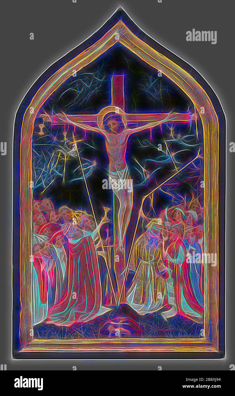 Christ sur la Croix vivante, 1420/30, Follower du Maître de Saint Veronica, Allemand, actif Cologne c. 1395–c. 1420, Cologne, huile sur panneau, 48.2 × 28.7 cm (19 1/8 × 11 3/8 in.), surface peinte: 40.7 × 23.3 cm (16 × 9 3/16 in.), repensée par Gibon, design de glanissement chaleureux et joyeux de la luminosité et des rayons de lumière radiance. L'art classique réinventé avec une touche moderne. La photographie inspirée du futurisme, qui embrasse l'énergie dynamique de la technologie moderne, du mouvement, de la vitesse et révolutionne la culture. Banque D'Images
