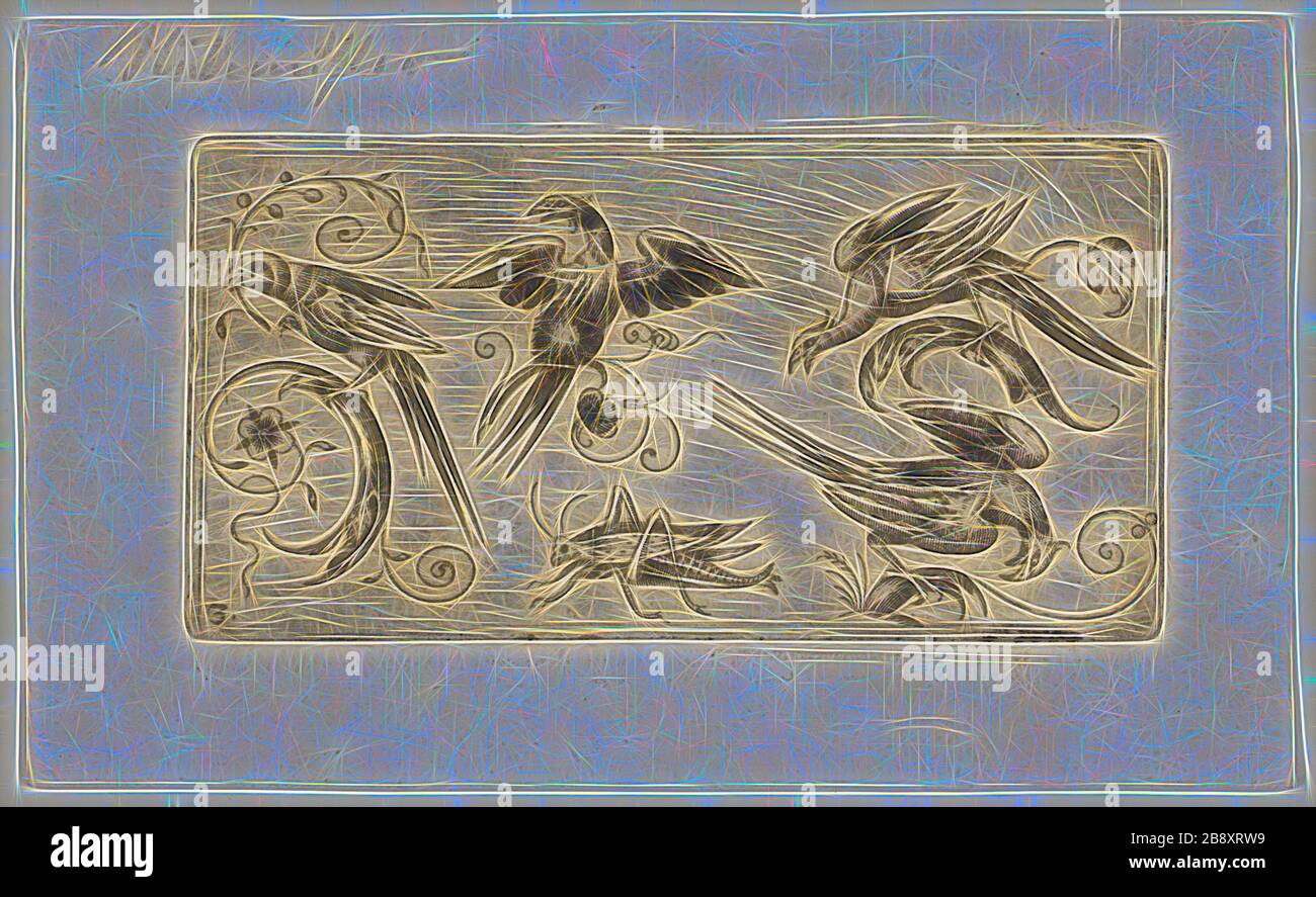 Panneaux d'ornement avec oiseaux: Plaque 3, 1617, Adrian Muntink, néerlandais, actif 1597-1617, Pays-Bas, Gravure en noir sur papier, 51 x 98 mm (plaque), réinventé par Gibon, design de gaie chaleureuse de luminosité et rayons de lumière radiance. L'art classique réinventé avec une touche moderne. La photographie inspirée du futurisme, qui embrasse l'énergie dynamique de la technologie moderne, du mouvement, de la vitesse et révolutionne la culture. Banque D'Images