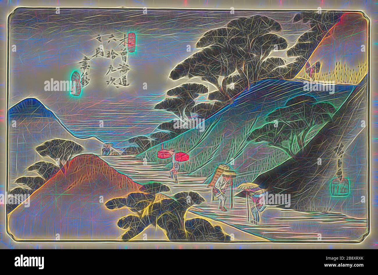 No 43: Tsumagome, de la série soixante-neuf stations du Kisokaido (Kisokaido rokujukyu tsugi no uchi), c. 1835/38, Utagawa Hiroshige ?? ??, Japonais, 1797-1858, Japon, imprimé color woodblock, oban, 26,0 x 37,8 cm (10 1/4 x 14 7/8 in.), repensé par Gibon, design de glanissement chaleureux et gai de la luminosité et des rayons de lumière radiance. L'art classique réinventé avec une touche moderne. La photographie inspirée du futurisme, qui embrasse l'énergie dynamique de la technologie moderne, du mouvement, de la vitesse et révolutionne la culture. Banque D'Images