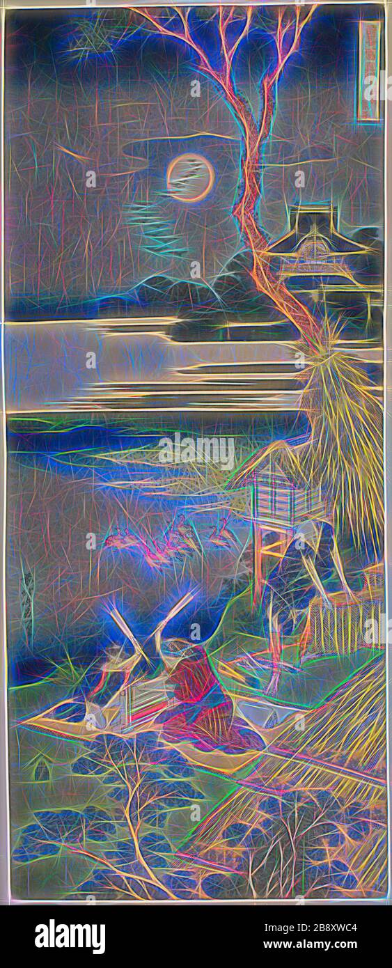 Ariwara no Narihira, de la série UN vrai miroir des poèmes chinois et japonais, c. 1830, Katsushika Hokusai ?? Japonais, 1760-1849, Japon, imprimé color woodblock, nagaban, 50,3 x 21,3 cm, repensé par Gibon, design de la lueur chaleureuse et gaie de la luminosité et des rayons de lumière radiance. L'art classique réinventé avec une touche moderne. La photographie inspirée du futurisme, qui embrasse l'énergie dynamique de la technologie moderne, du mouvement, de la vitesse et révolutionne la culture. Banque D'Images