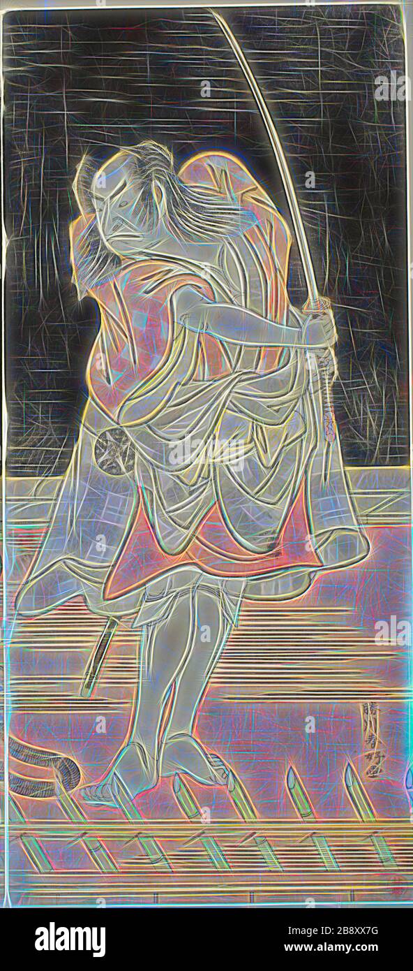 L'acteur Nakamura Nakazo I en tant que Danshichi Kurobei dans la Loi huit du jeu Natsu Matsuri Naniwa Kagami (miroir d'Osaka au Festival d'été), exécuté au Théâtre Morita du dix-septième jour du septième mois, 1779, ch. 1779, Katsukawa Shunko I, japonais, 1743-1812, Japon, impression de blocs de bois couleur, feuille droite de diptych hosoban (gauche: 1928.311), 31.6 x 14.2 cm (12 7/16 x 5 9/16 in.), repensée par Gibon, conception de glanissement chaleureux de la luminosité et des rayons de lumière. L'art classique réinventé avec une touche moderne. La photographie inspirée du futurisme, embrassant l'énergie dynamique de la moder Banque D'Images