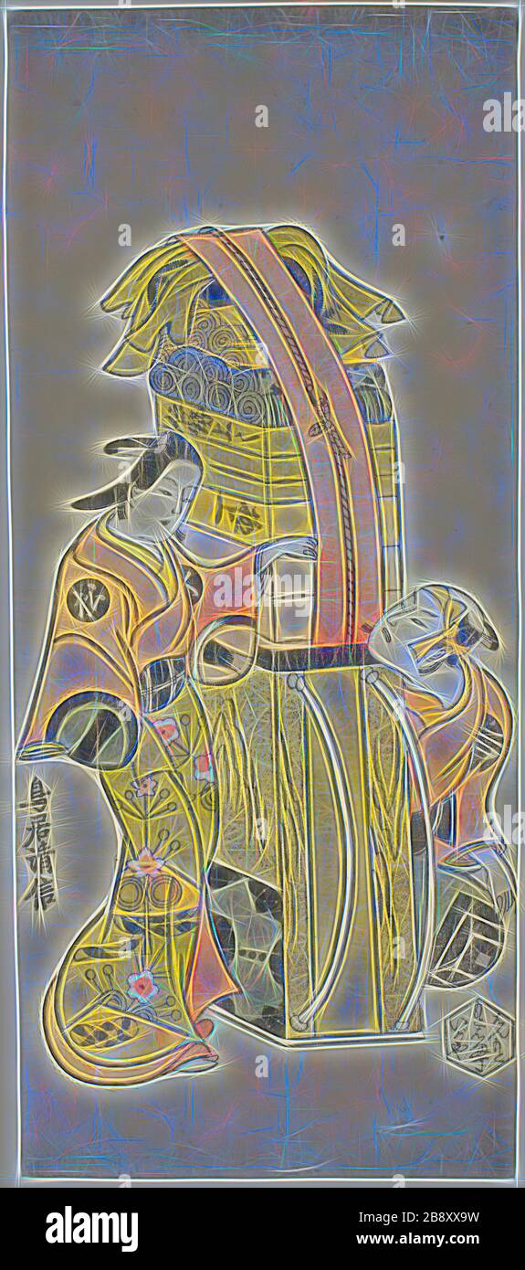 Les acteurs Ichikawa Danjuro II comme Kamada Matahachi et Ichikawa Monnosuke I comme Hisamatsu dans la pièce Osome Hisamatsu Shinnu Tamoto no Shirashibori, se produit au théâtre Morita, 1720, 1720, Torii Kiyonobu I, japonais, 1664–1729, Japon, obushi couleur 35,4 cm x (13 7/8 x 5 7/8 in.), repensé par Gibon, design de gai chaleureux de luminosité et de rayons de lumière radiance. L'art classique réinventé avec une touche moderne. La photographie inspirée du futurisme, qui embrasse l'énergie dynamique de la technologie moderne, du mouvement, de la vitesse et révolutionne la culture. Banque D'Images