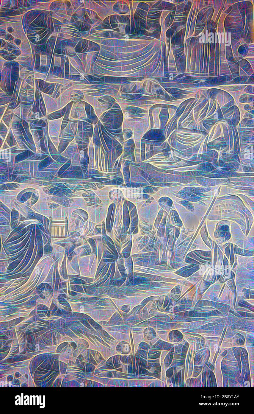 Les sept âges (de l’homme) de Shakespeare (tissus d’ameublement), c. 1805, gravé par John Slack (anglais, actif 1794-1828) et d'autres après des peintures de Robert Smirke's (anglais, 1752–1845), Angleterre, Lancashire, Salford, Angleterre, coton, tissage Uni, imprimé en copperplate, 147,6 × 66,8 cm (58 1/8 × 26 in.), réinventé par Gibon, design de rayons de lumière gaies et de lumière gaie. L'art classique réinventé avec une touche moderne. La photographie inspirée du futurisme, qui embrasse l'énergie dynamique de la technologie moderne, du mouvement, de la vitesse et révolutionne la culture. Banque D'Images